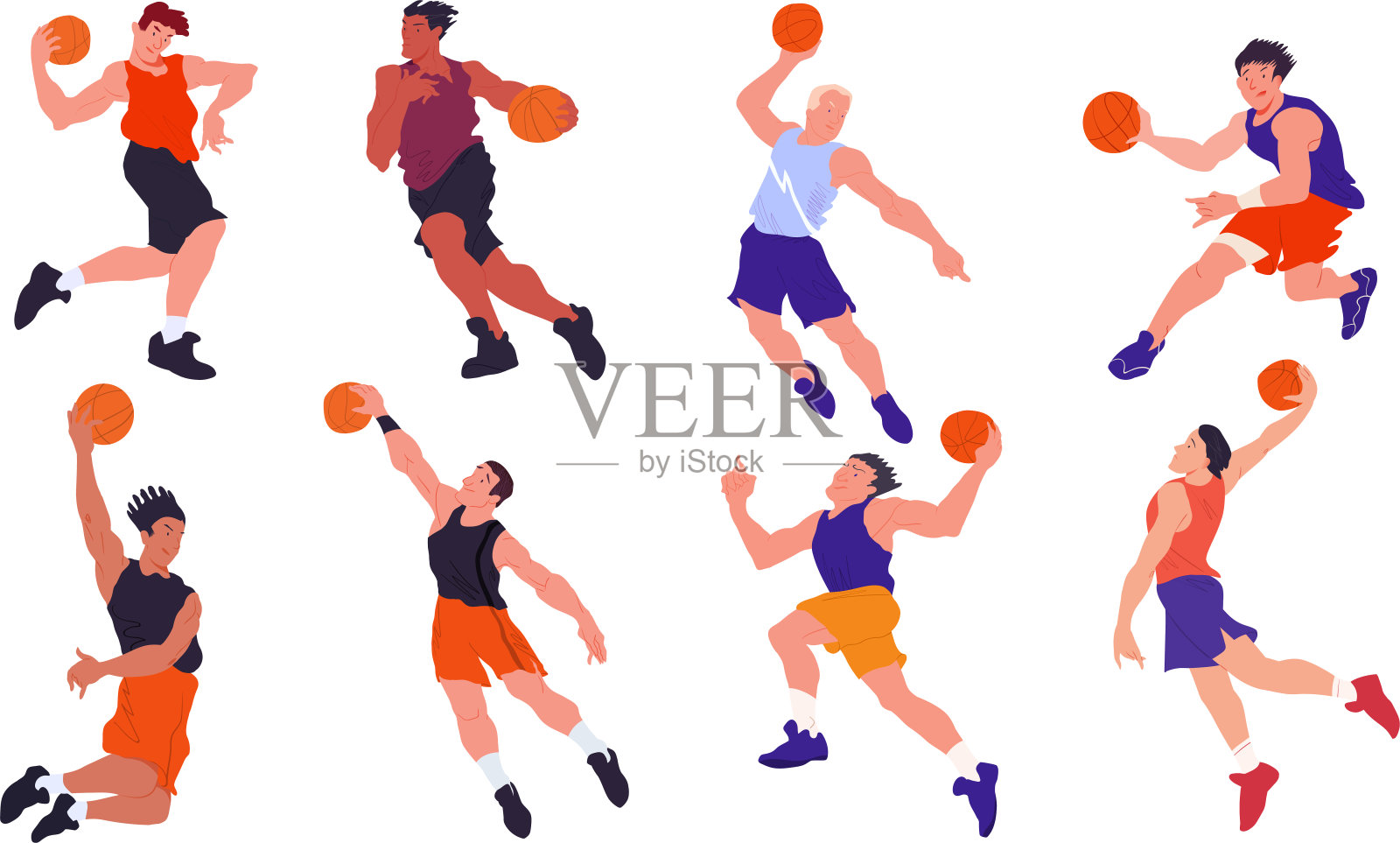 篮球运动员。篮球队。人们在动态的姿势。卡通平面矢量插图。孤立的对象。插画图片素材