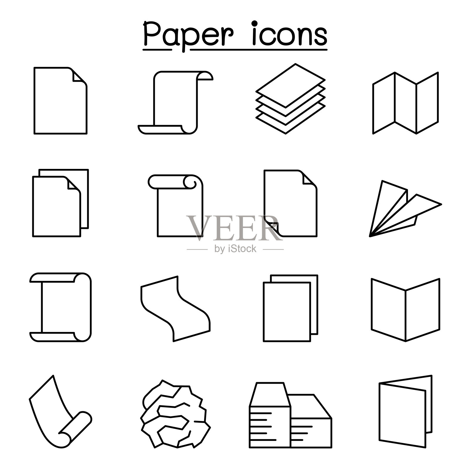 纸和文件图标设置在细线风格图标素材