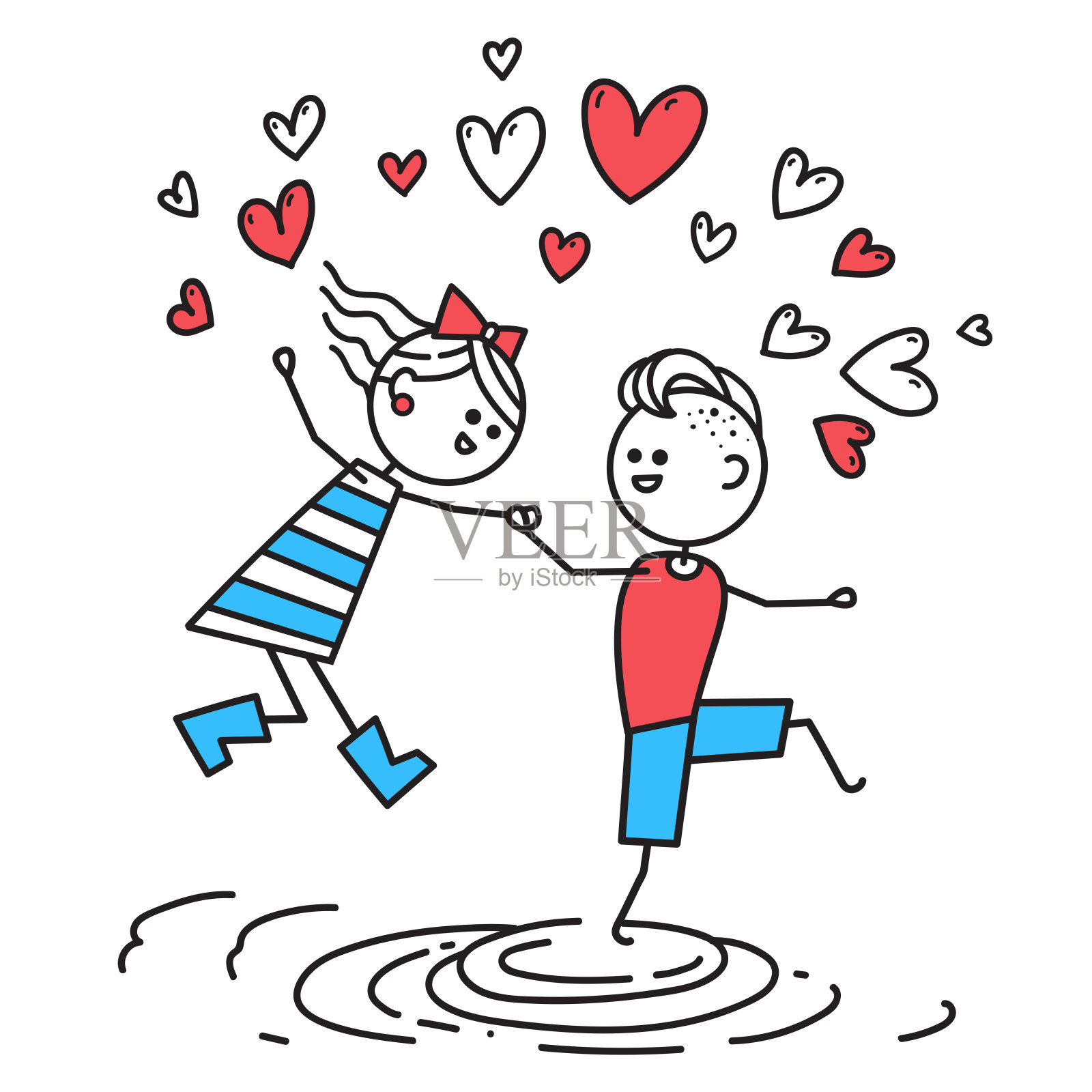 恋人男孩和女孩跳过水坑插画图片素材