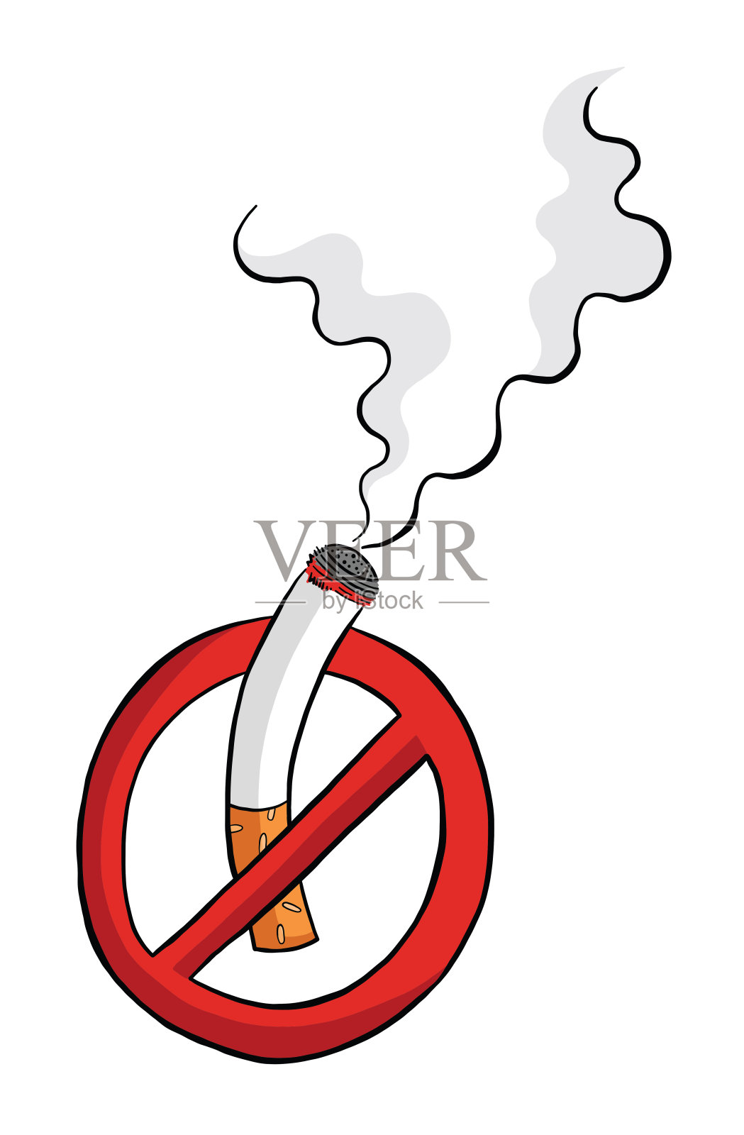 禁止吸烟标志、燃烧香烟和烟雾矢量图。插画图片素材