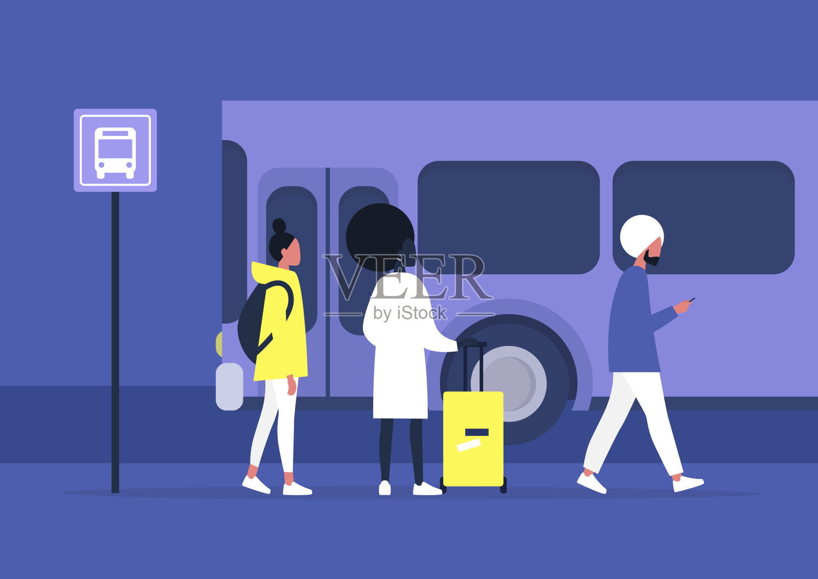 日常通勤，公共交通，在车站等车的各色人等插画图片素材