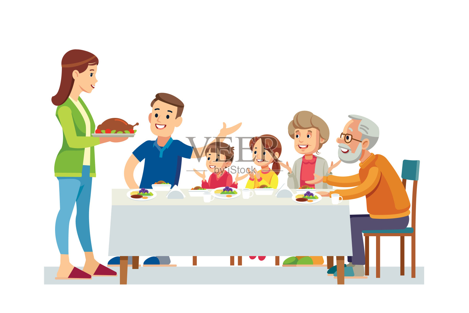 快乐的大家庭一起吃晚餐矢量插图。设计元素图片