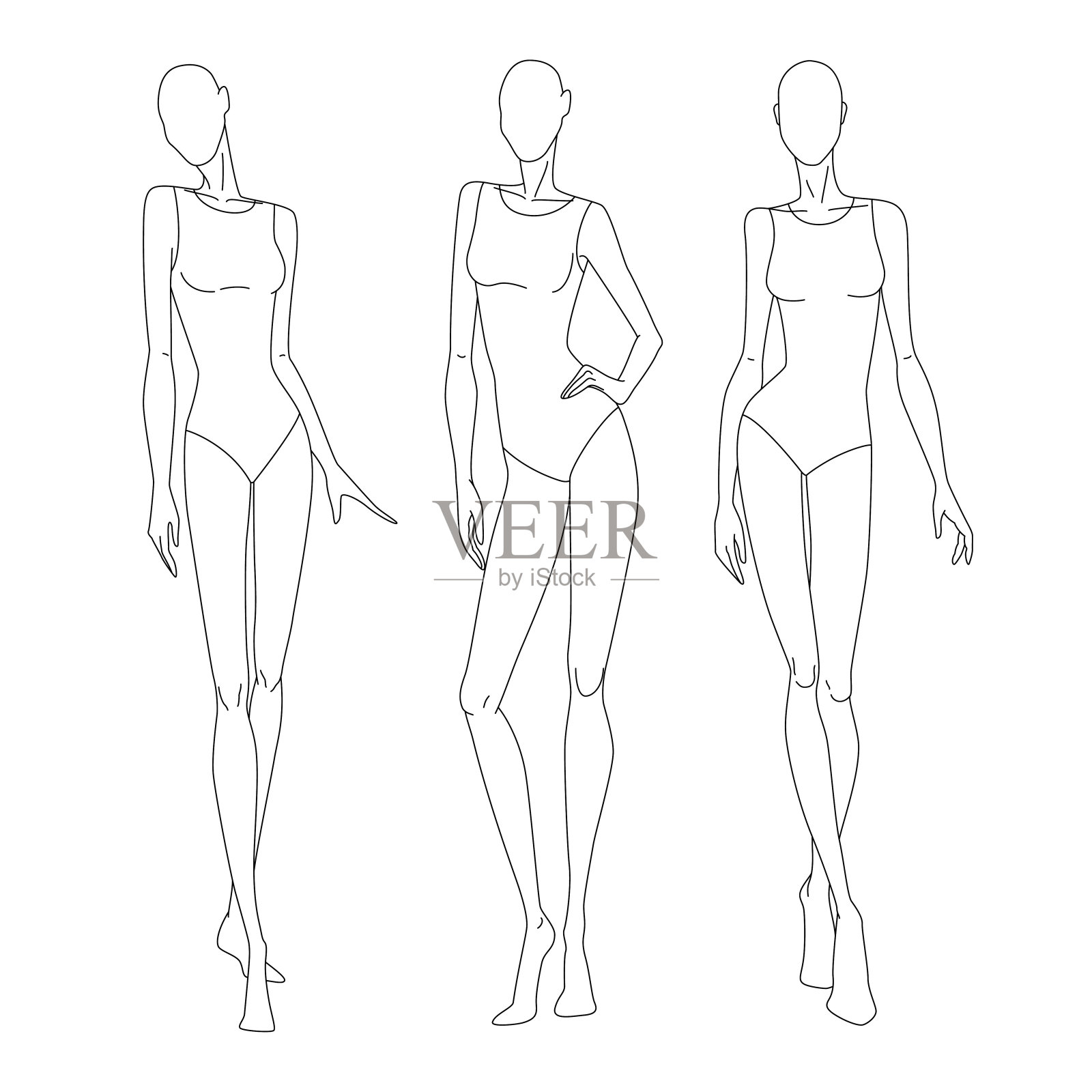 女性形象的技术制图。矢量细线女孩模特的时装素描模板。女人的身体姿势。手在腰部的位置和走在跑道上的位置。单独的层。插画图片素材