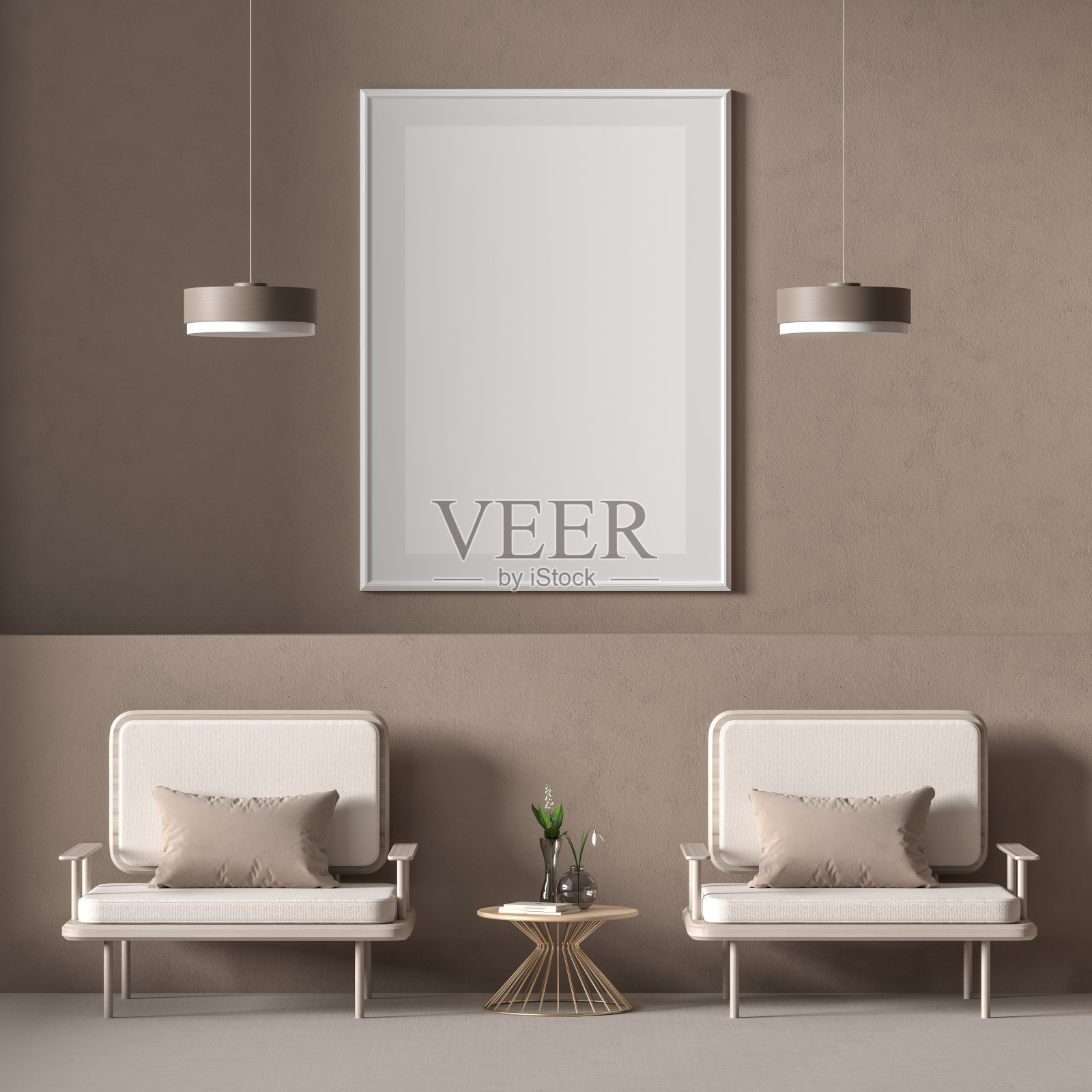 模拟海报框架在斯堪的纳维亚风格的室内与现代家具。简约的室内设计。3 d演示。照片摄影图片