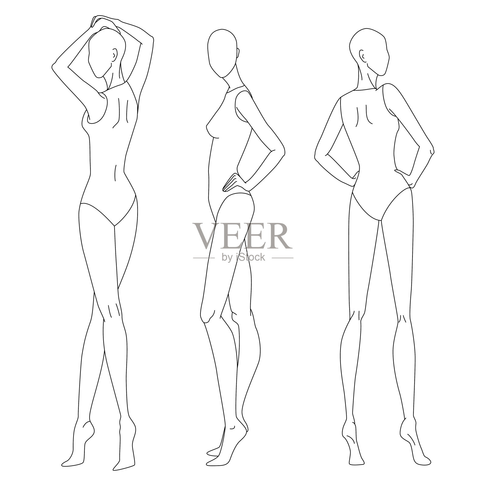 女性形象的技术制图。矢量细线女孩模特的时装素描模板。女人的身体姿势。手在腰部的位置和走在跑道上的位置。单独的层。插画图片素材