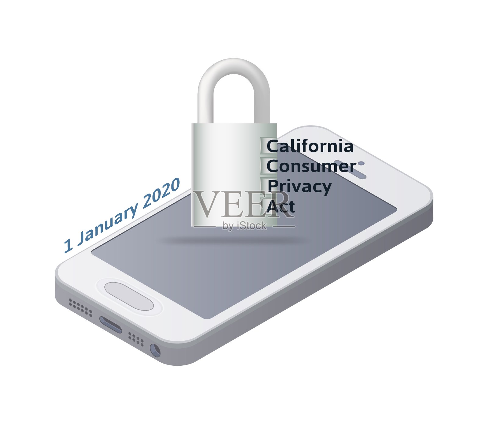 CCPA，加州消费者隐私法案。保护消费者个人资料。智能手机和锁定图标与文本。概念矢量插图，孤立在白色背景。设计元素图片
