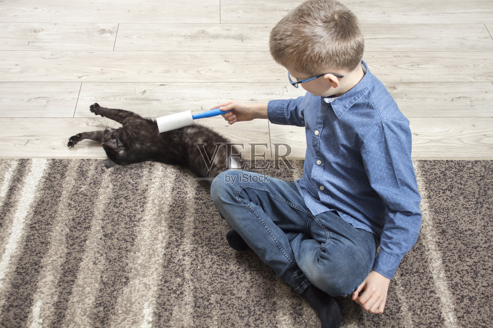 一个学龄男孩坐在地毯上和猫玩。猫愉快地躺在地毯上，被抚摸着。照片摄影图片