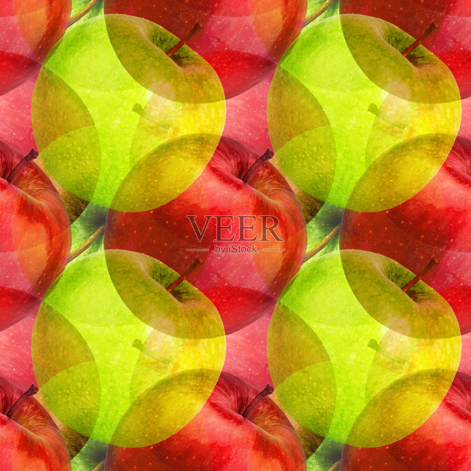 无缝的绿红苹果图案，抽象的彩色苹果重复点缀，明亮的艺术水果背景，艺术水果半透明的纹理，梦幻夏天充满活力的壁纸，时尚生动的印花照片摄影图片