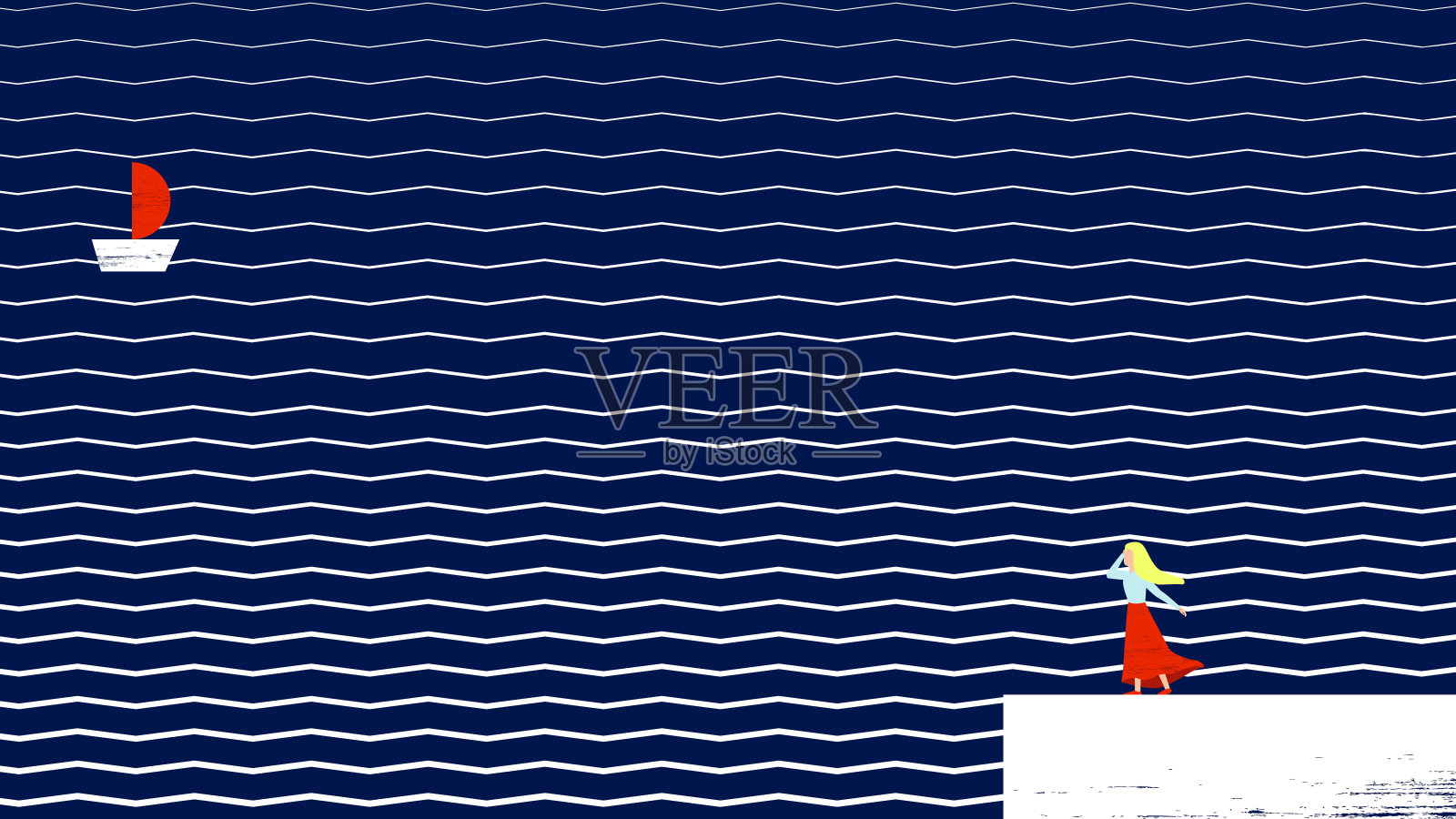 矢量插图与抽象的海洋背景。一个女孩站在岸边，看着船上的红帆。抽象的海军蓝与之字形图案插画图片素材