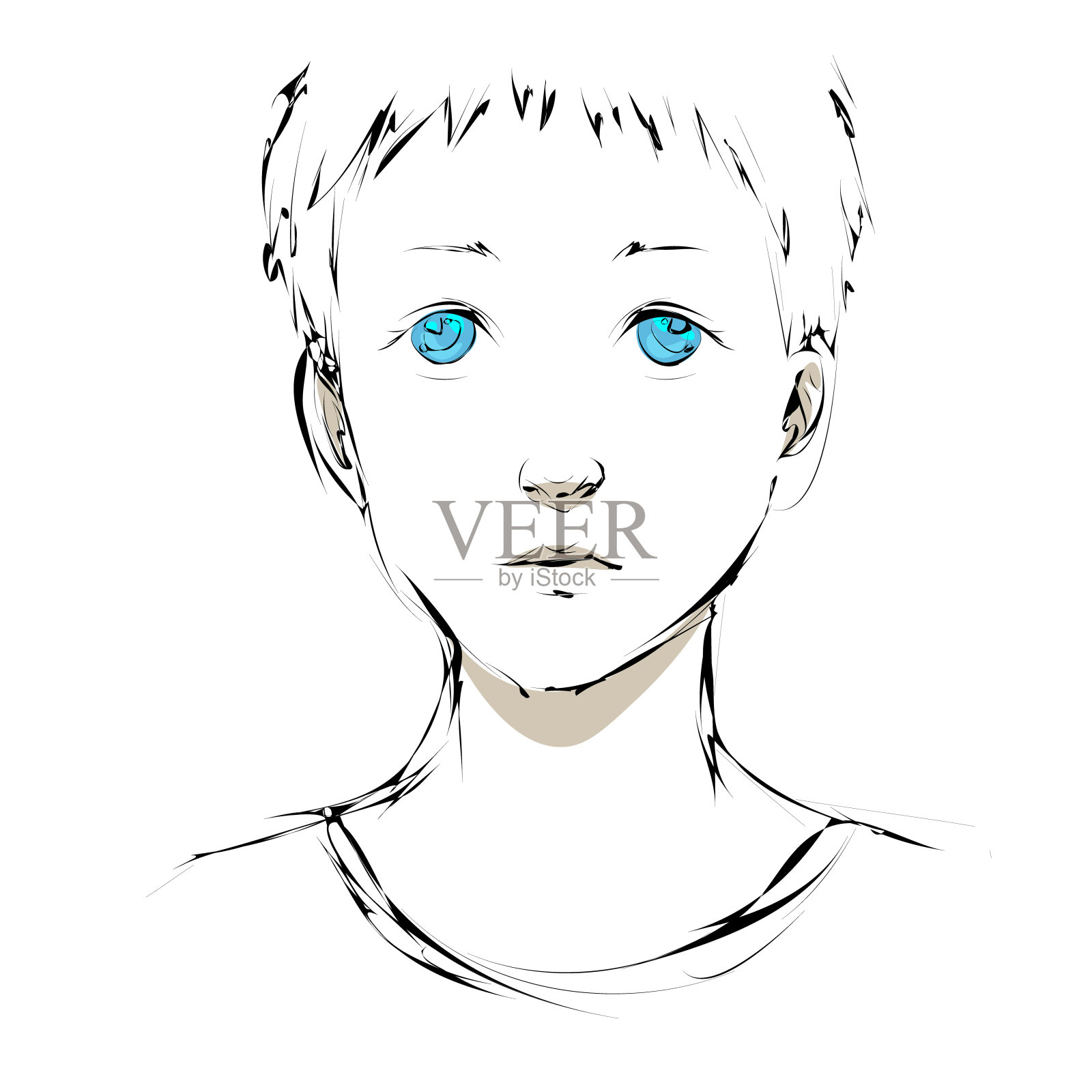 蓝眼睛小男孩的素描与悲伤的表情设计元素图片