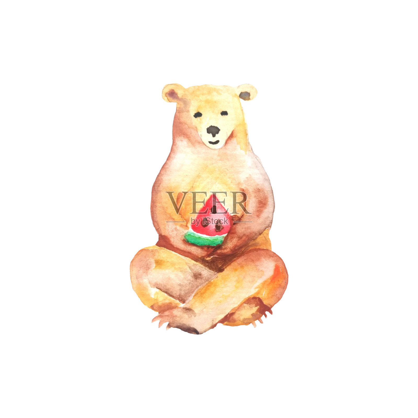 可爱的水彩画熊在瑜伽姿势和一片西瓜。隔离。熊与健康饮食设计元素图片