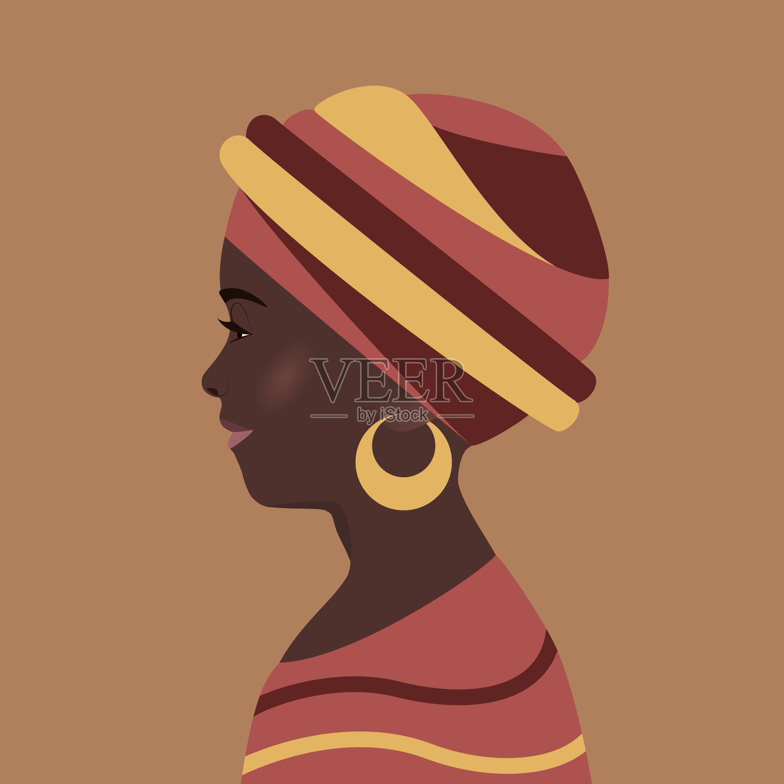 漂亮的年轻女子，皮肤黝黑。戴传统头饰的非洲女孩。微笑着，围巾缠绕在她的头上，耳环在她的耳朵里。肖像，头像，个人资料社交网络。平面图像插画图片素材