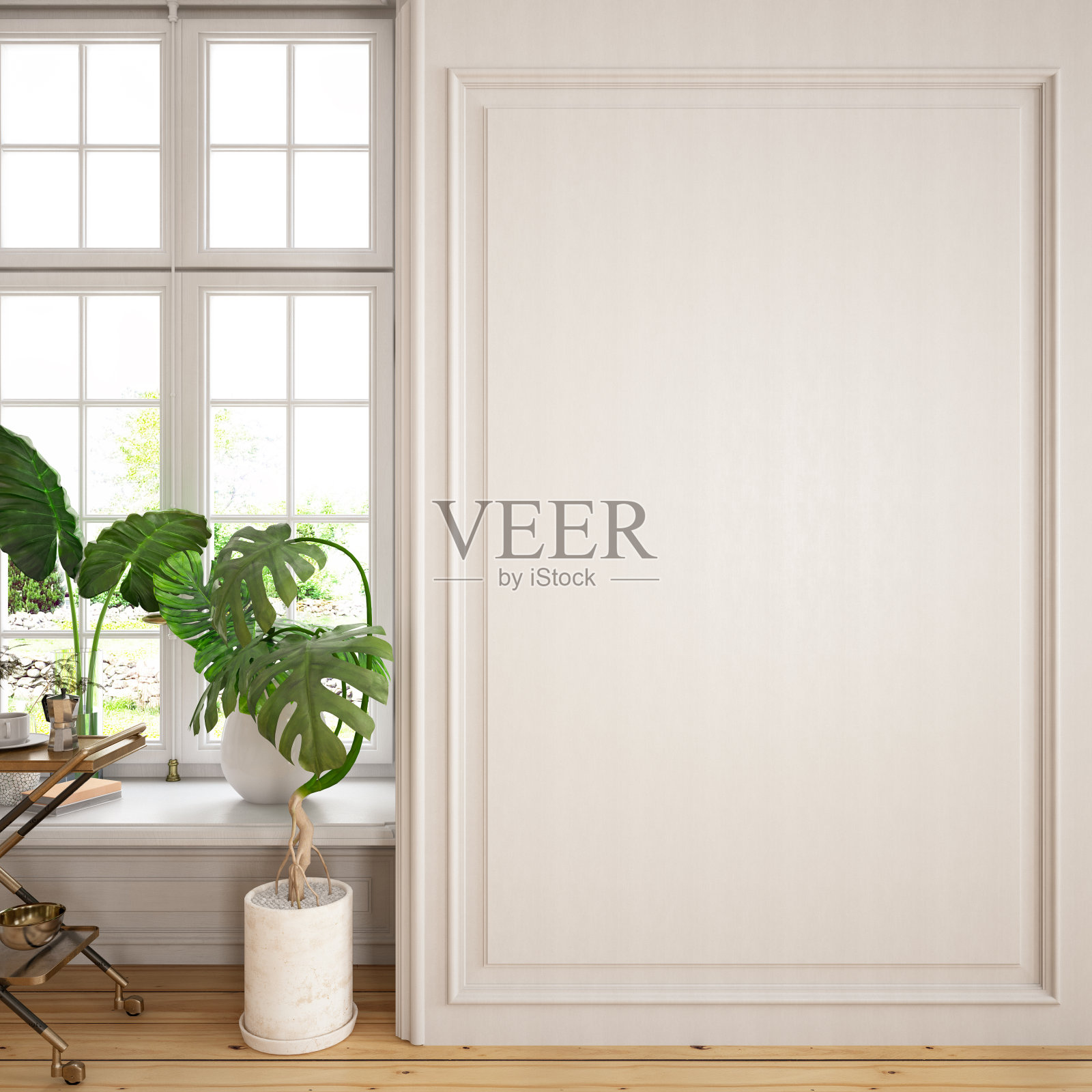 复制空间与窗户和植物的白色木制镶板照片摄影图片