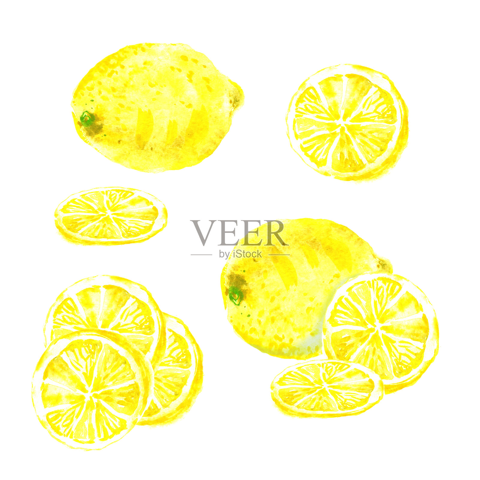 整片柠檬，鲜亮黄色水彩插画图片素材