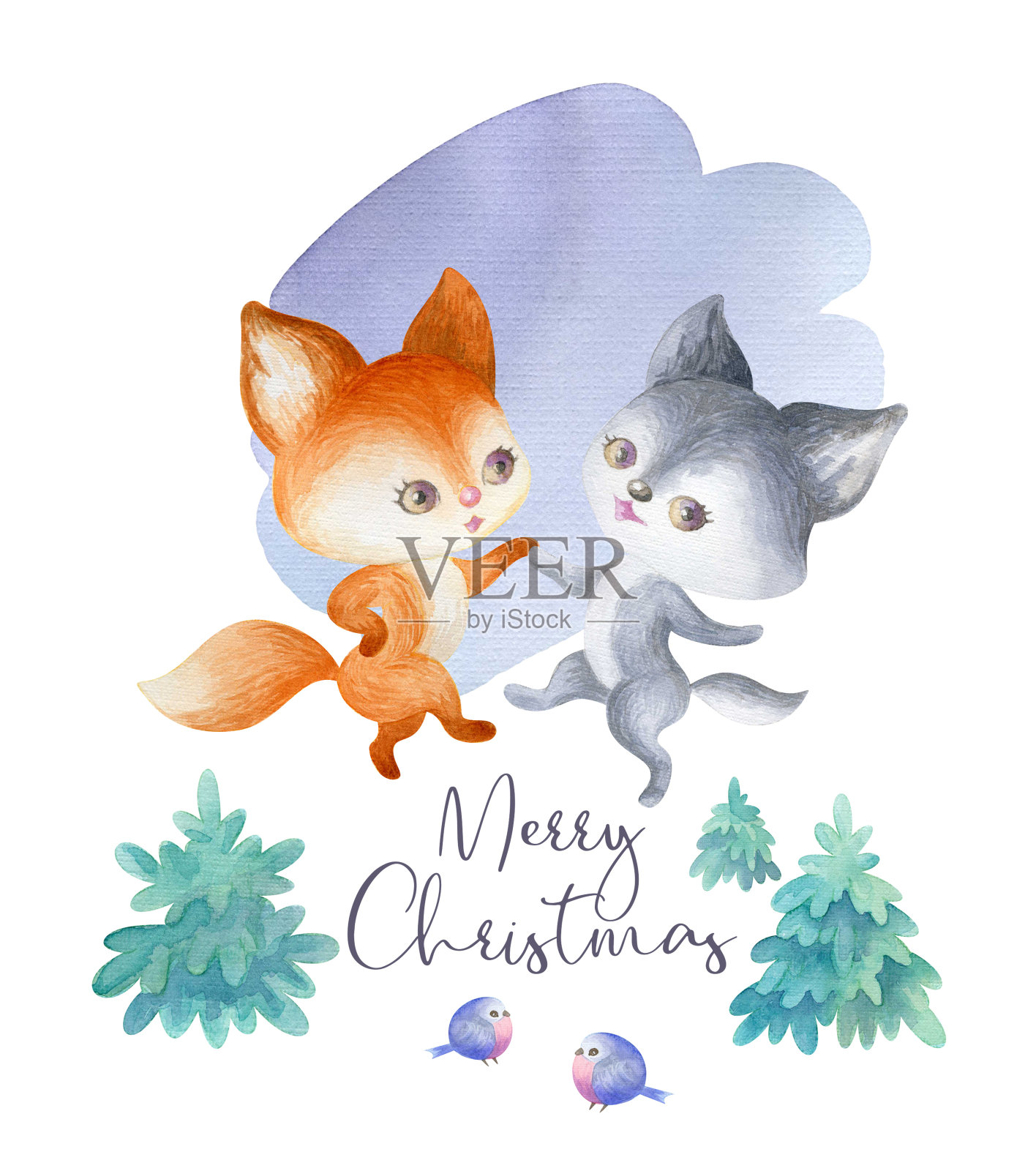 可爱的森林动物圣诞海报。手绘水彩插图孤立的白色背景。插画图片素材