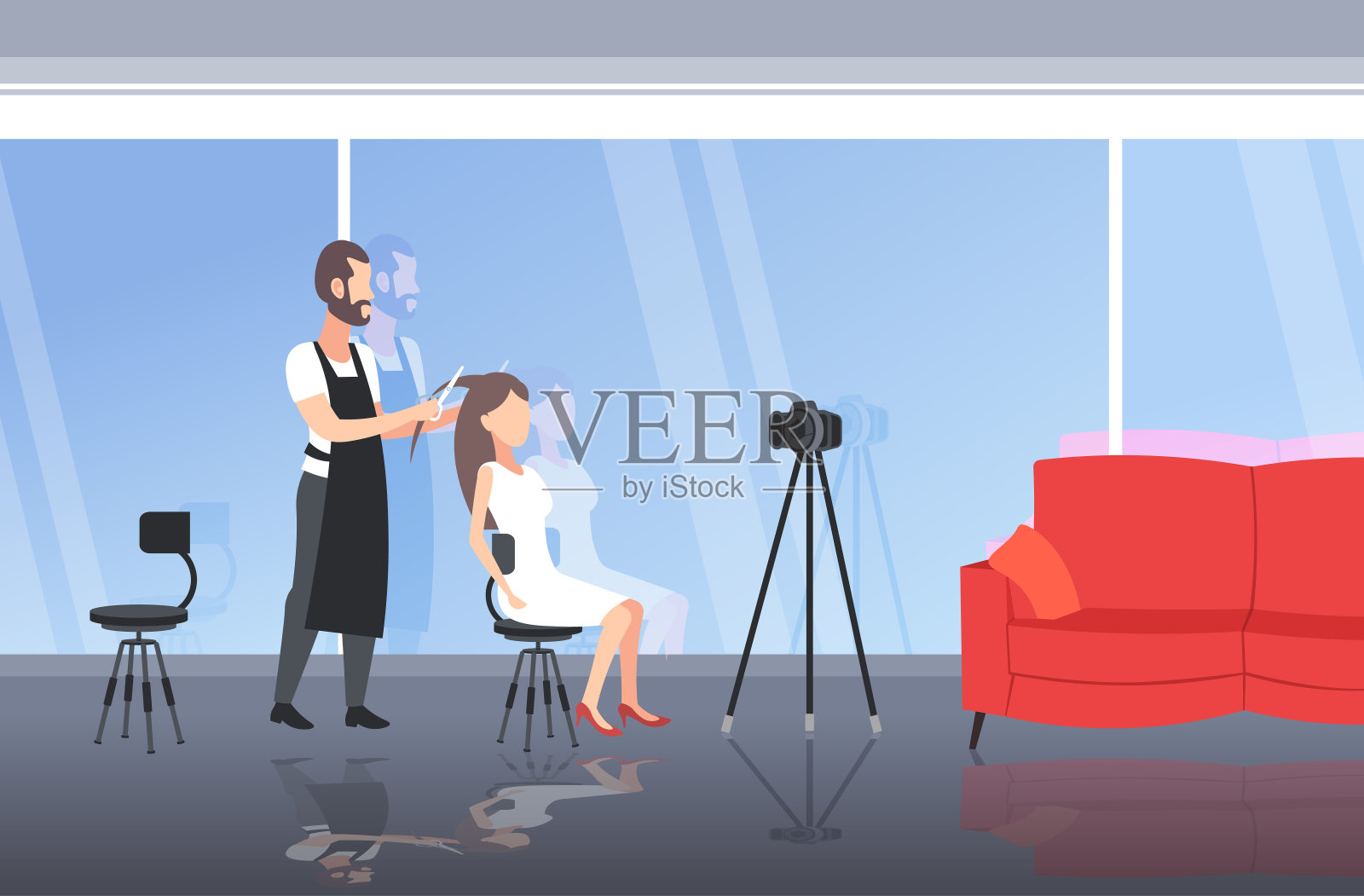 发型师博主在三脚架上用相机拍摄在线视频，制作发型，女顾客，男顾客，现代美容院室内全长水平插画图片素材