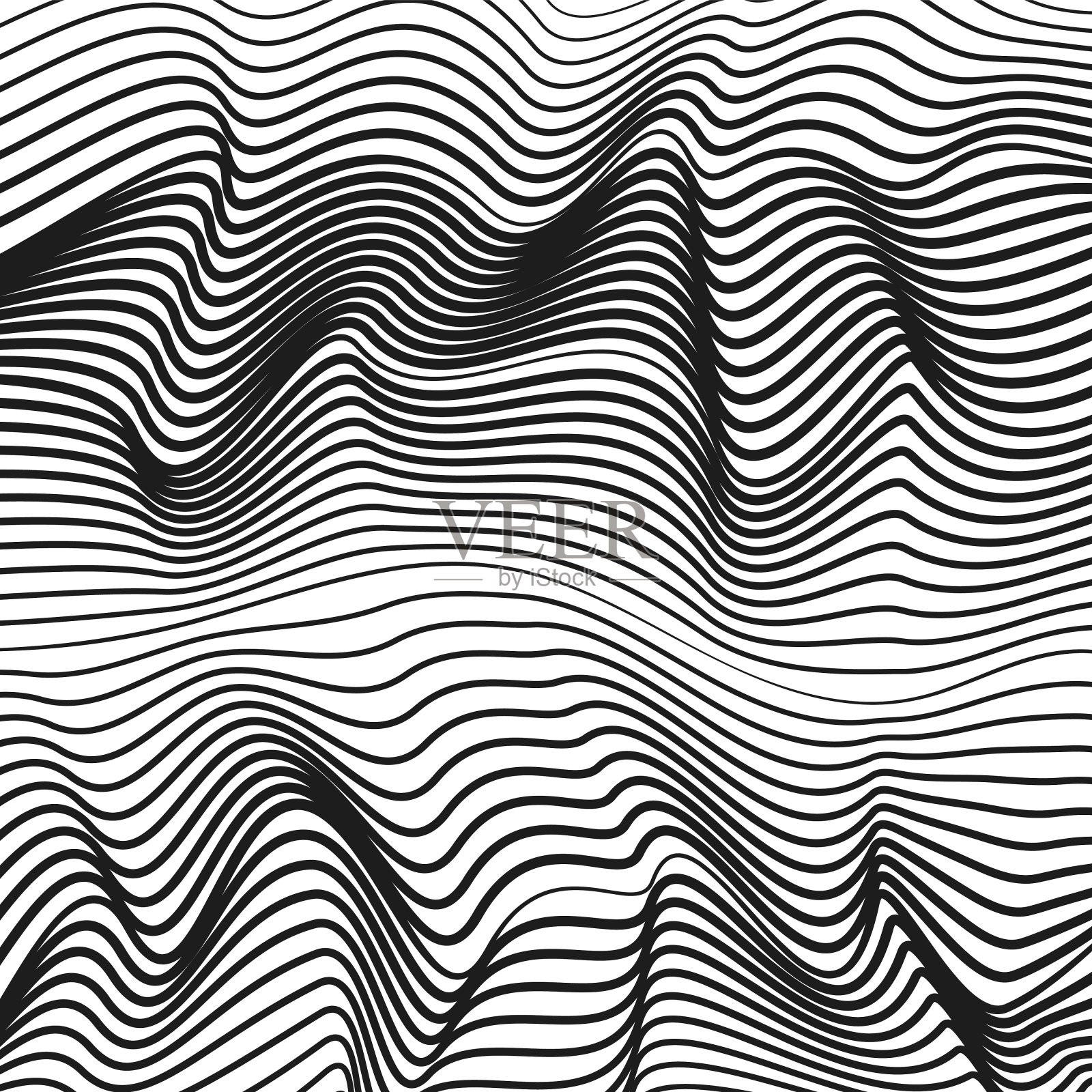 黑色和白色的波纹表面。矢量曲线，微妙的曲线。抽象的背景。单色波。条纹挥舞模式。技术线艺术设计。光学错觉。EPS10插图插画图片素材
