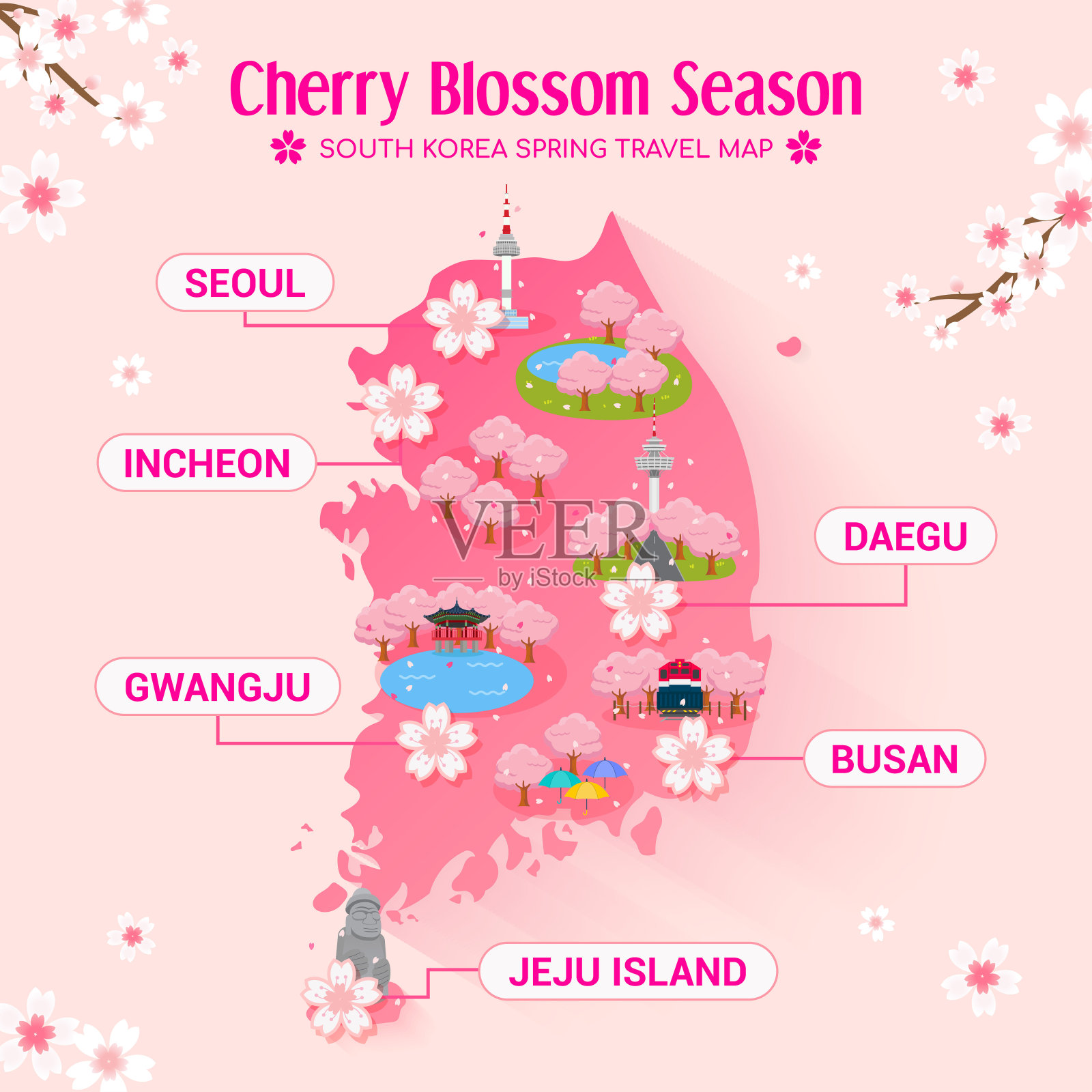 韩国樱花盛开季节旅游地图矢量插图。樱花节旅游景点。设计元素图片