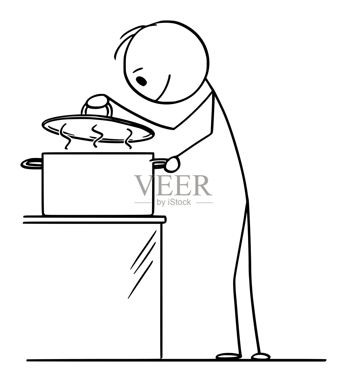 矢量卡通插图饥饿好奇的人或厨师看热的食物内的烹饪锅插画图片素材