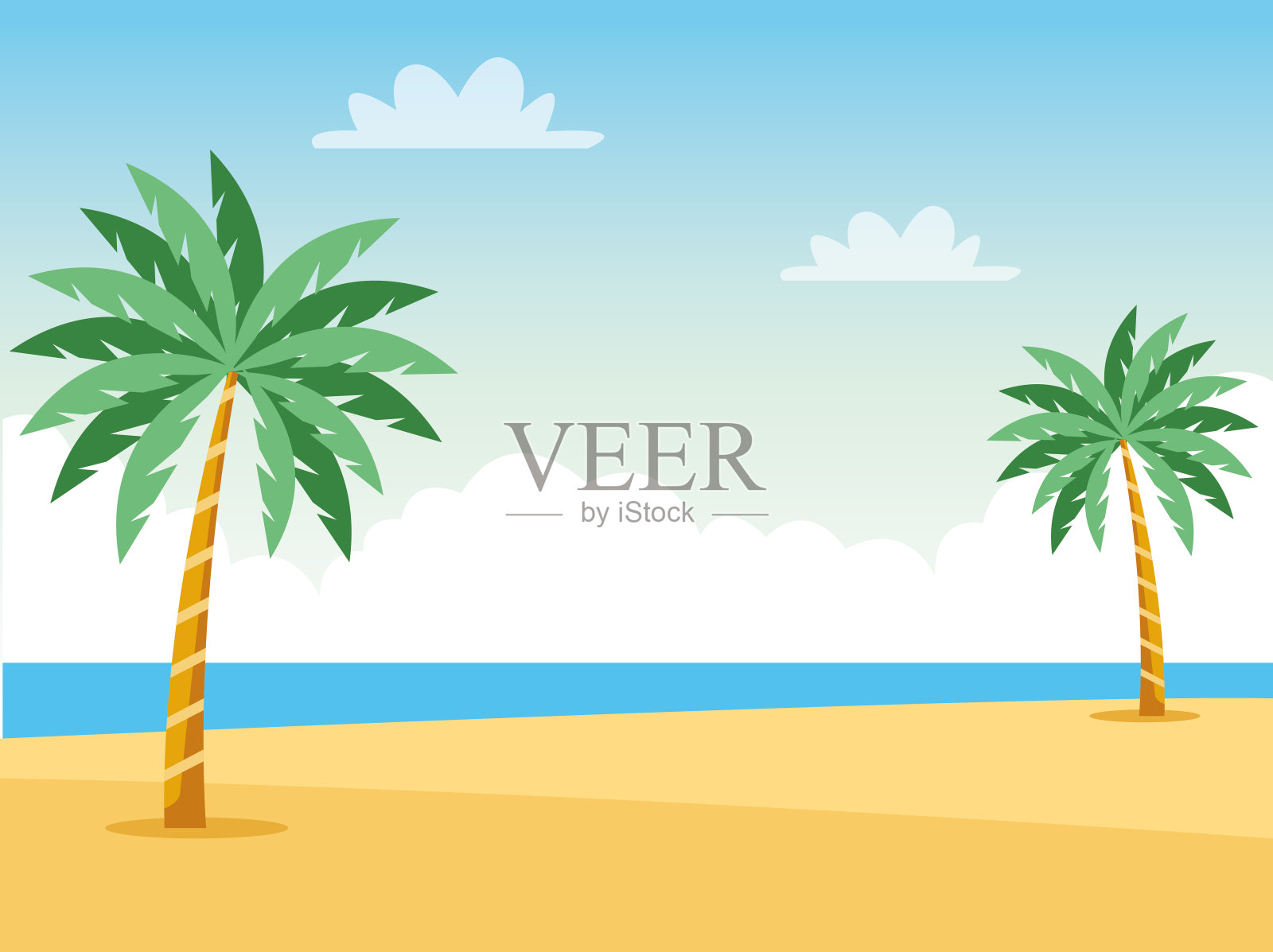 海滩海景景色与棕榈树插画图片素材