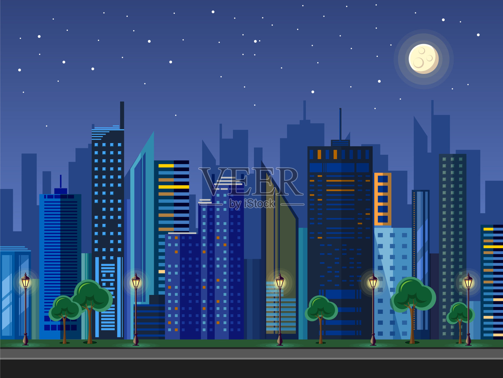 平面风格的现代城市夜景设计。插画图片素材