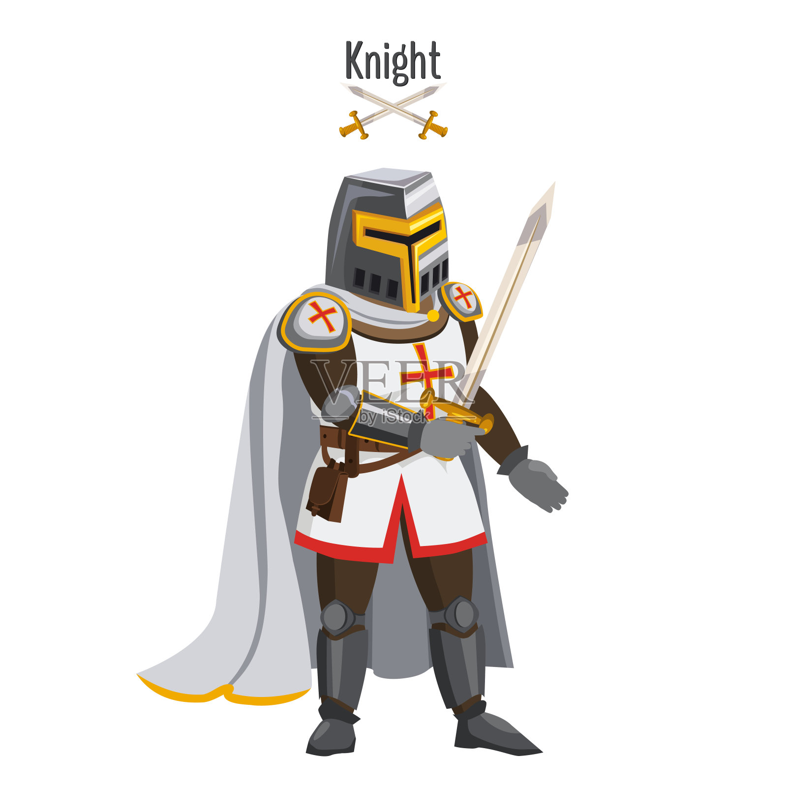 中世纪穿着盔甲的骑士，武士，手持剑，披风，头盔，属性。矢量，插图，卡通风格，孤立插画图片素材