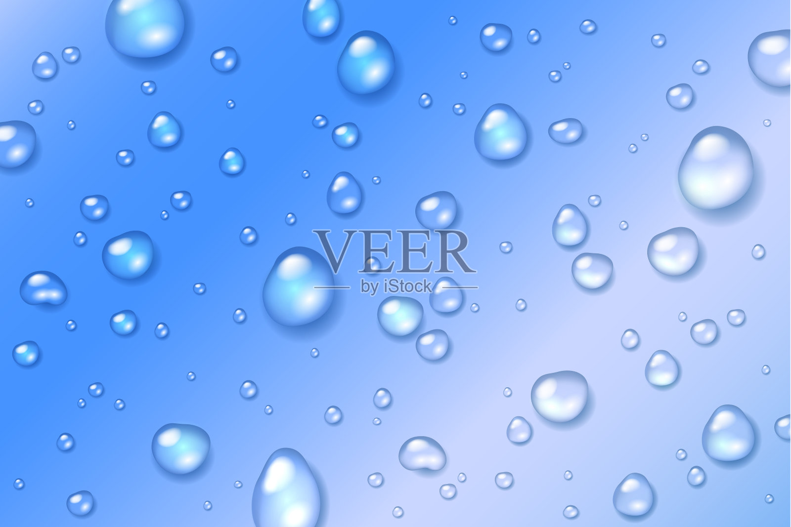 矢量闪亮清澈的水滴玻璃与蓝色的背景插画图片素材