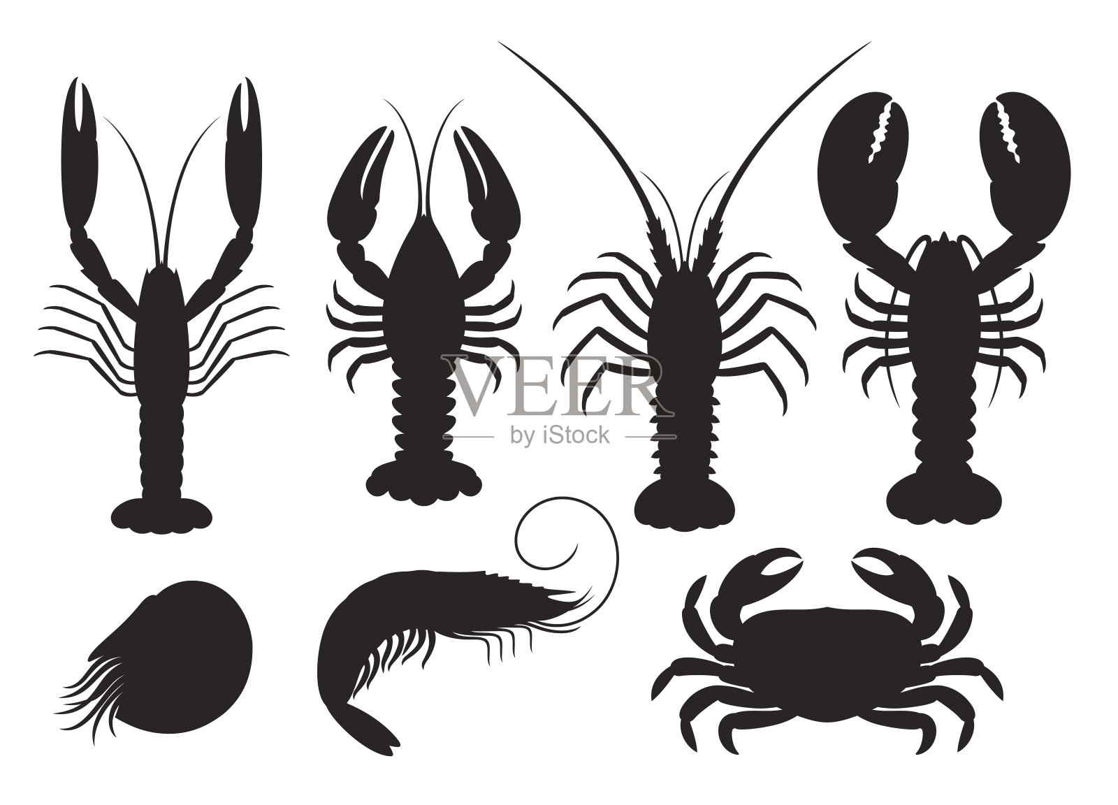 矢量剪影龙虾，螃蟹，多刺的龙虾，虾，鹦鹉螺，小龙虾，小龙虾。海鲜插画图片素材