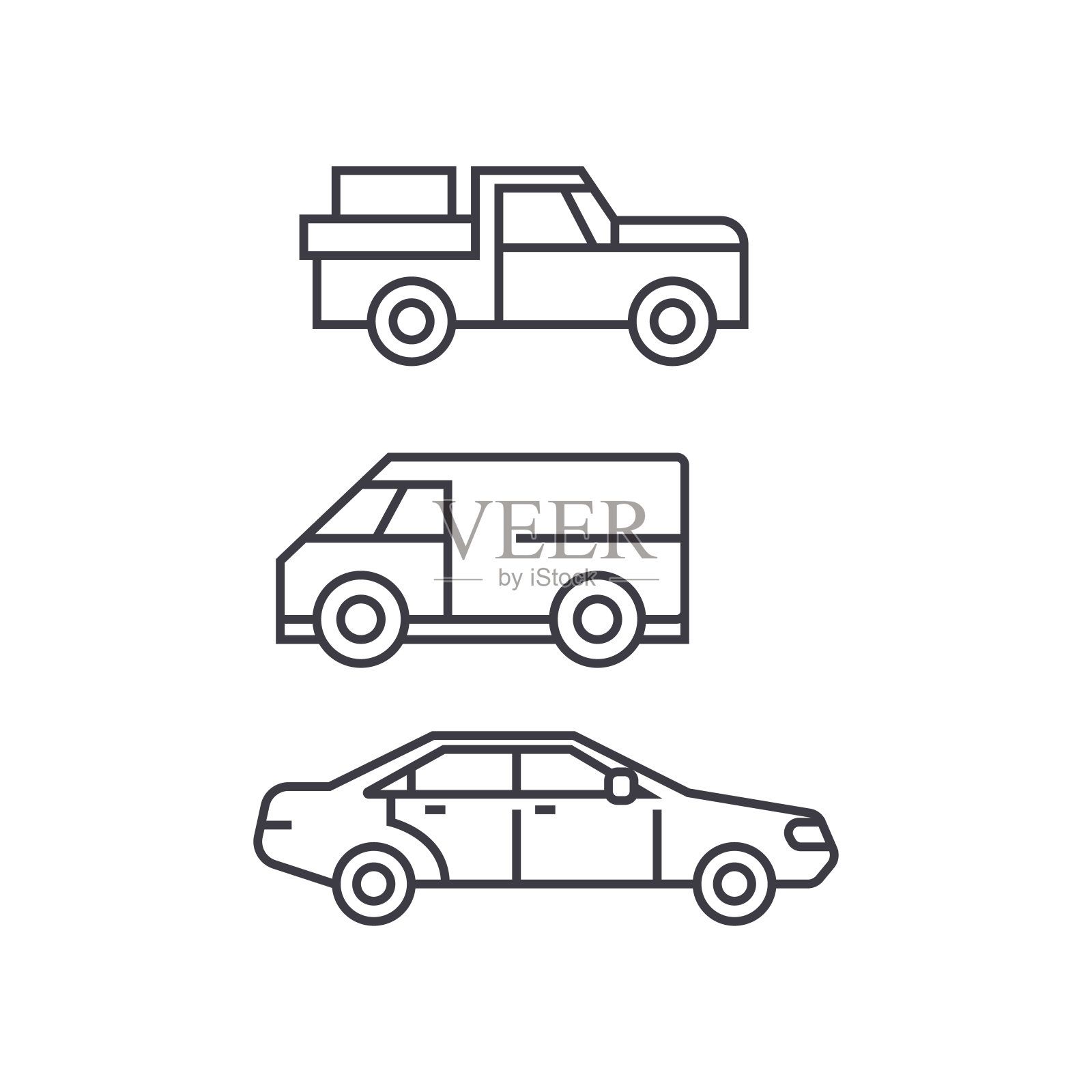 皮卡车细线图标概念。皮卡车线性矢量标志、符号、插图。图标素材