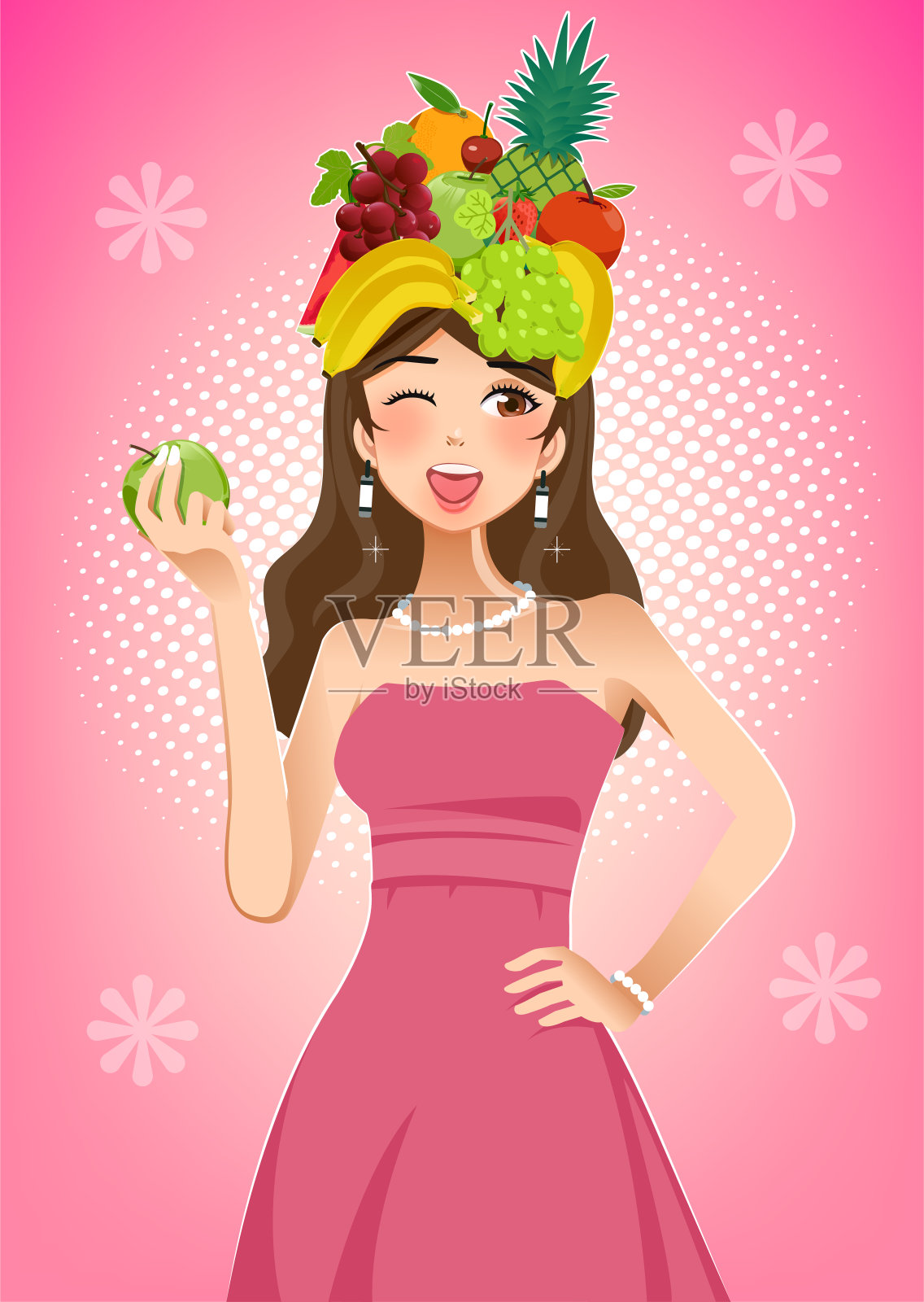 健康的女性和美丽的皮肤与水果的维生素。插画图片素材