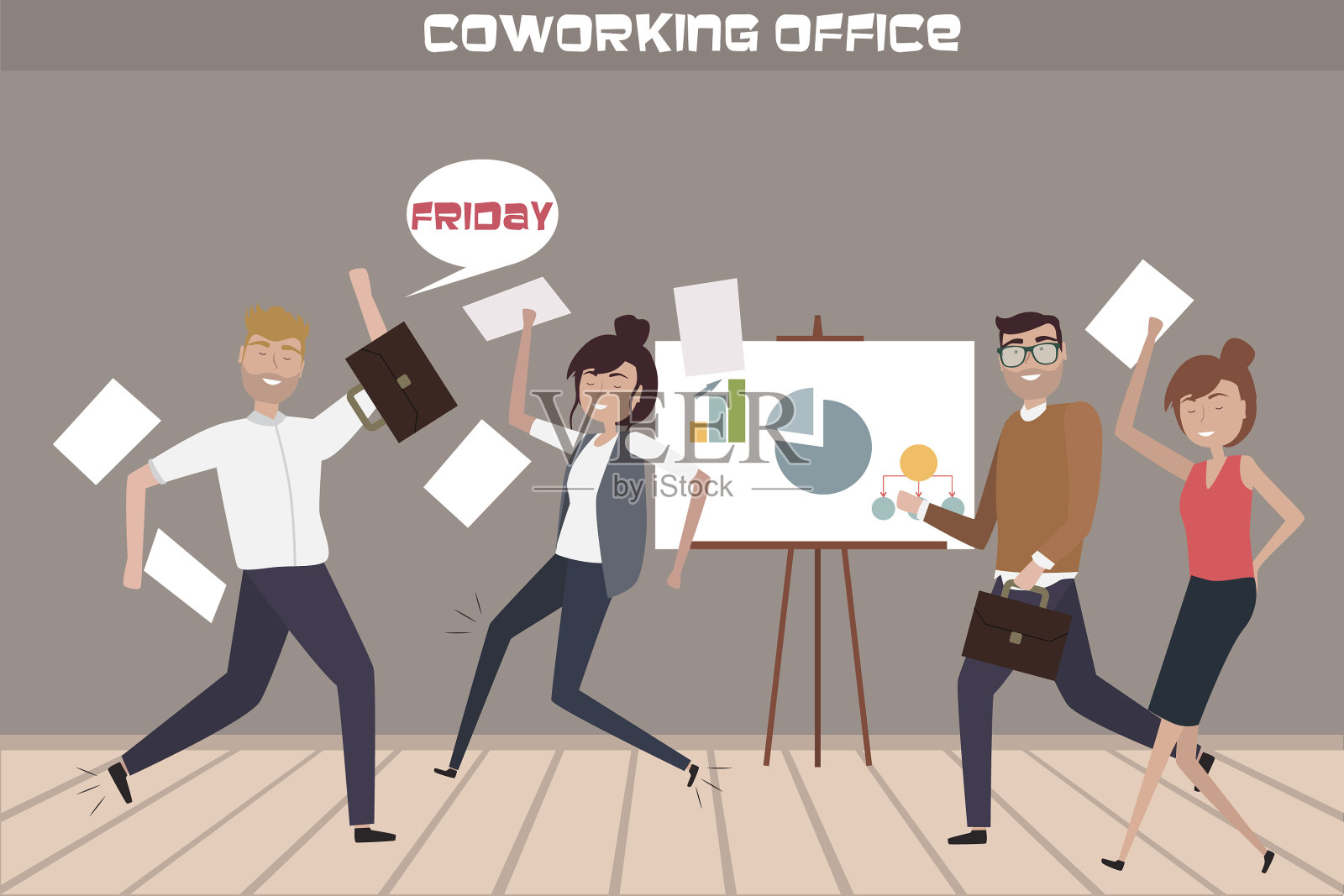 创意人士扁平作文快乐的星期五和匆忙回家在共同的工作办公室。插画图片素材