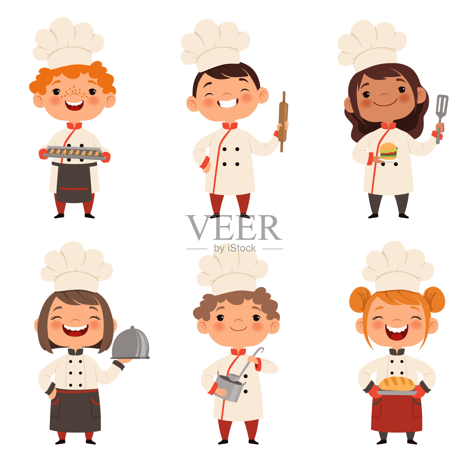 儿童厨师的角色设置。卡通吉祥物在各种动态姿态插画图片素材