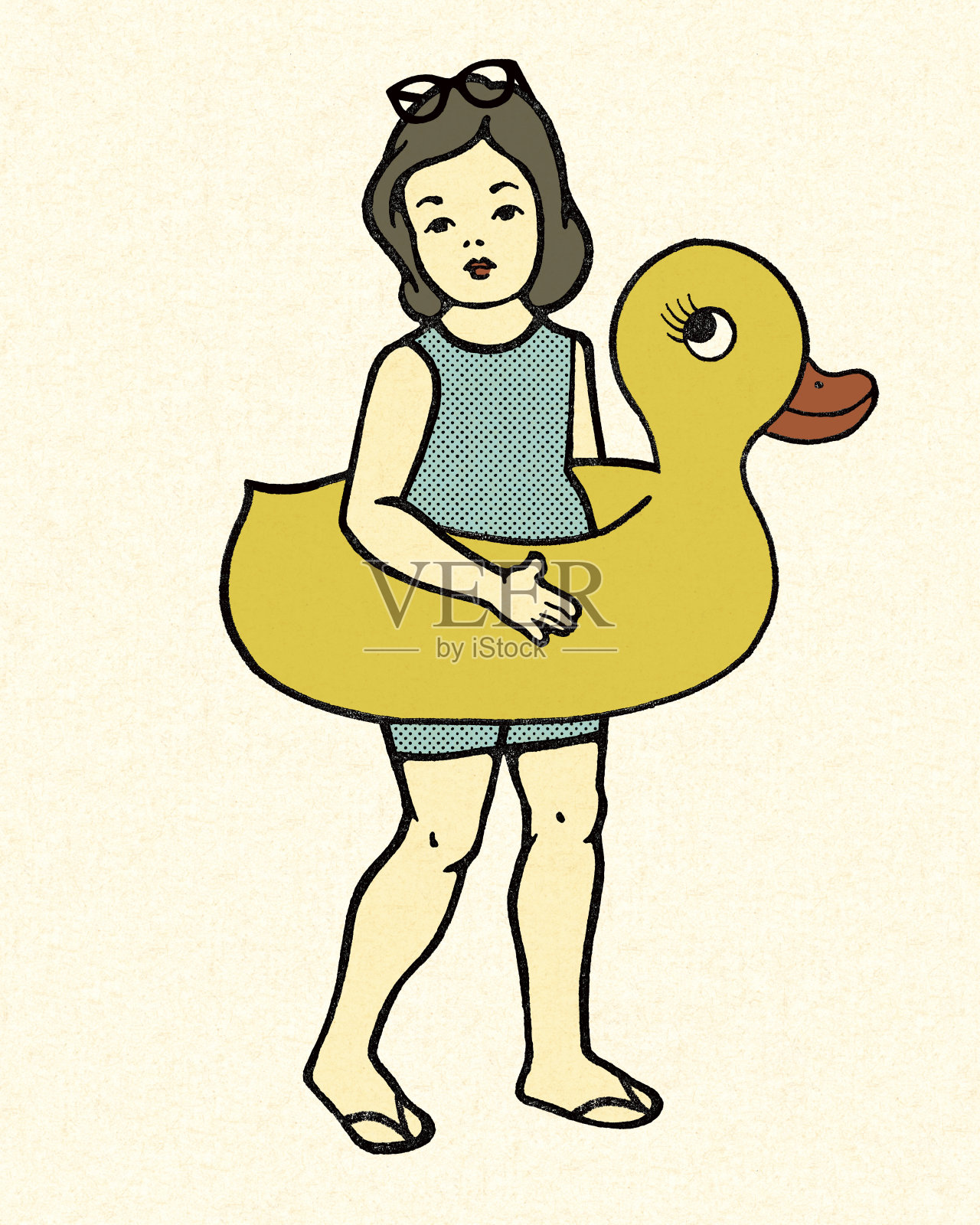 带着一只漂浮鸭子的女孩插画图片素材