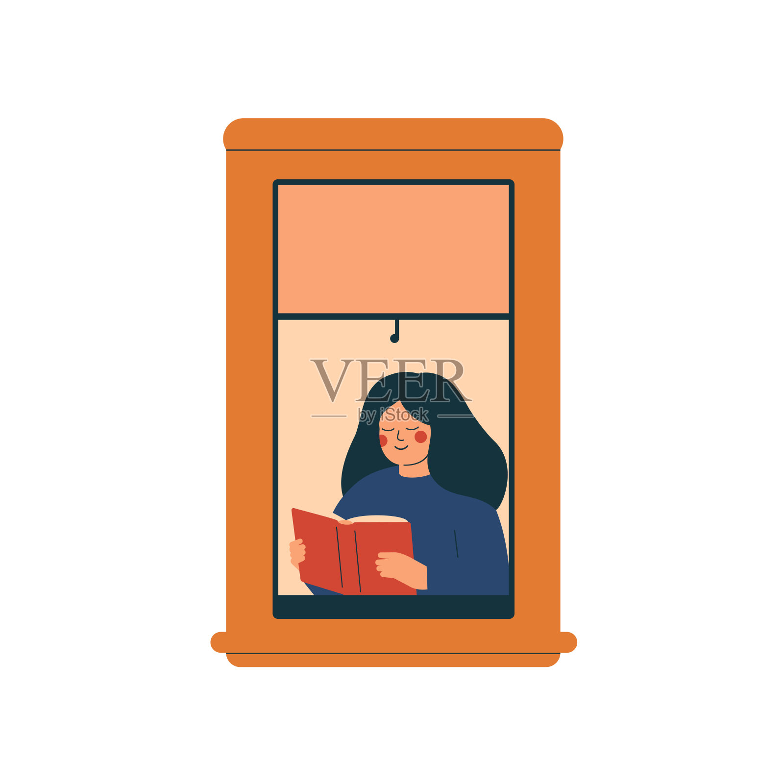 一位年轻的妇女正对着一扇开着的窗户看书。设计元素图片