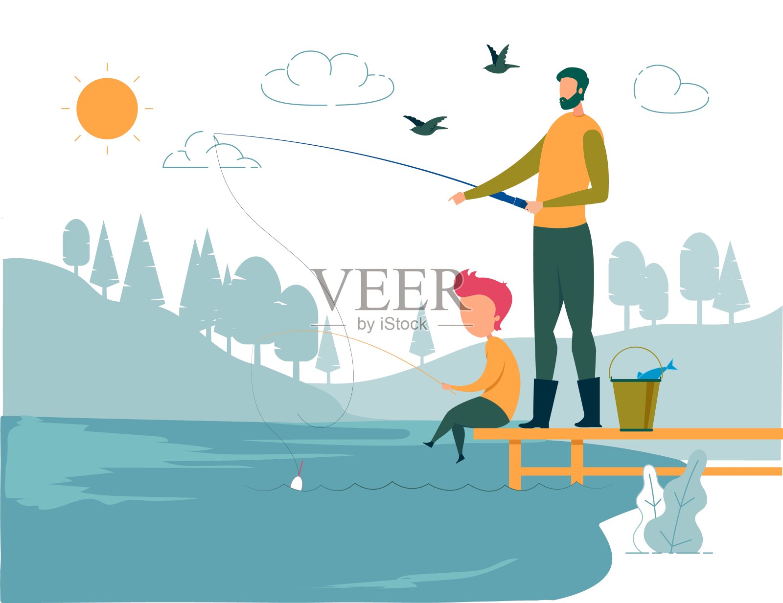 快乐的父亲和儿子一起在码头钓鱼插画图片素材