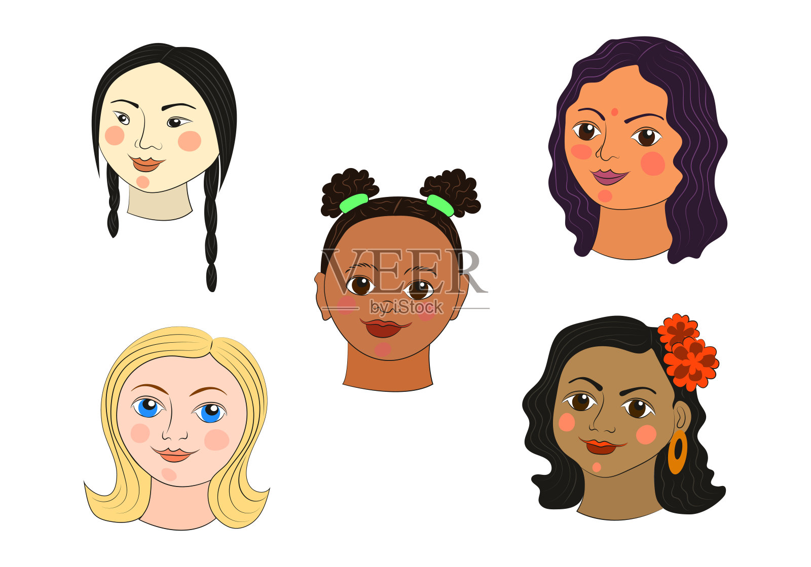不同国籍的女孩:蒙古人，非洲人，印度人，欧洲人，墨西哥人。3月8日妇女节快乐。一个年轻女子的民族肖像。矢量插图。孤立在白色背景上。插画图片素材