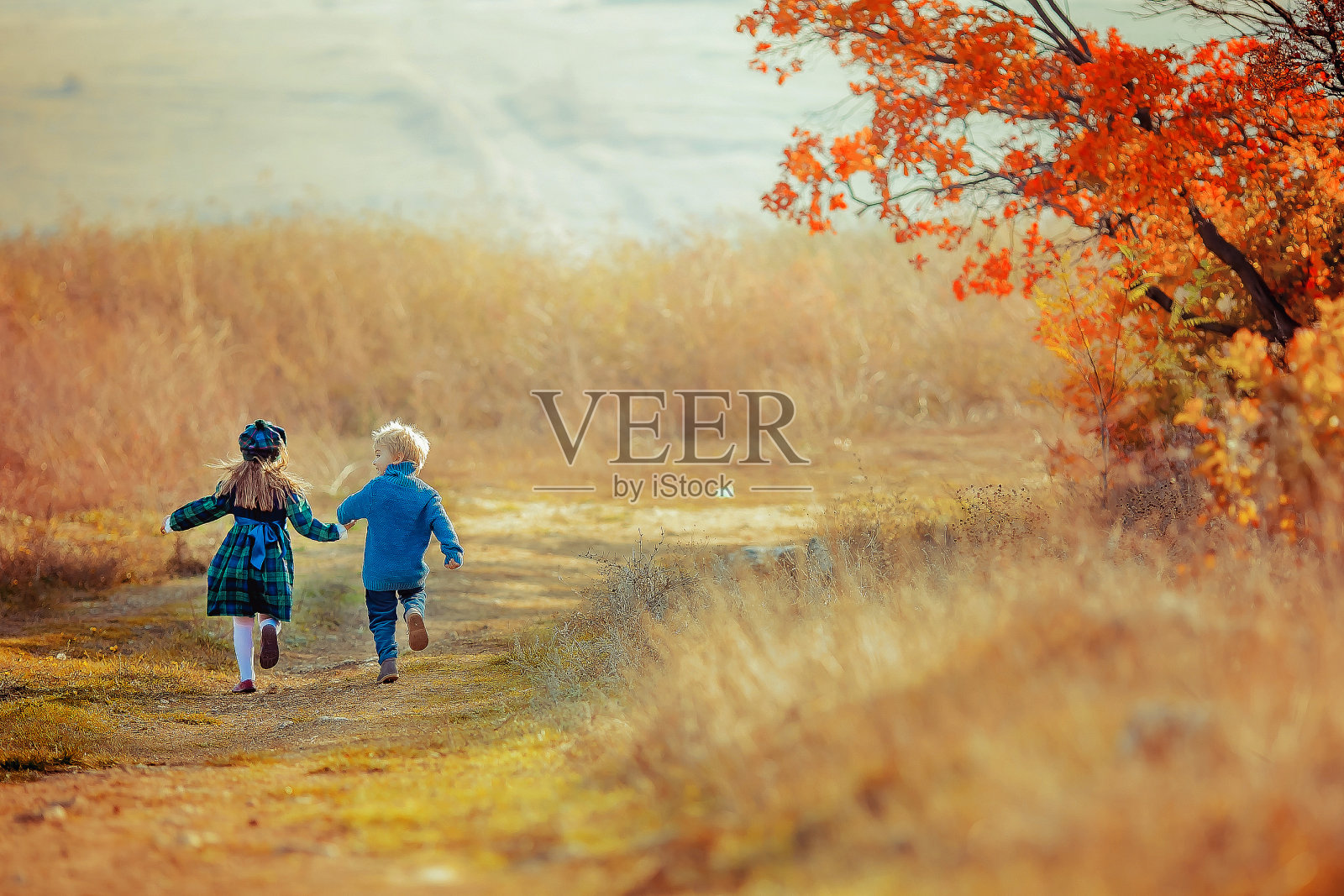 男孩和女孩的哥哥和妹妹在草原的道路上奔跑，背景是高高的黄色的草照片摄影图片