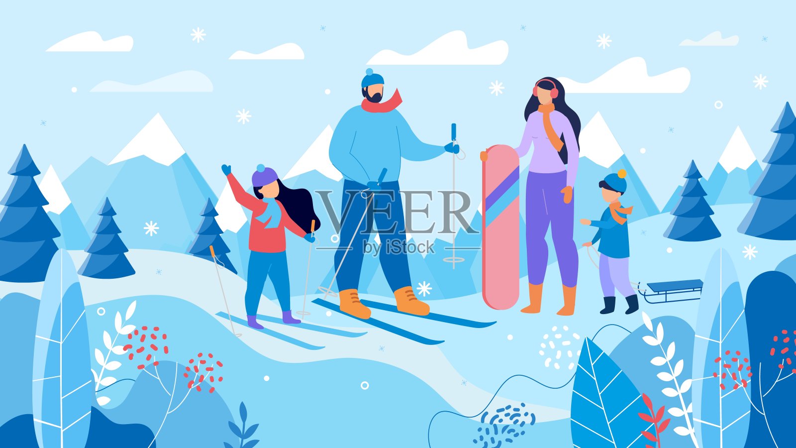 家庭滑雪，滑雪度假村插画图片素材