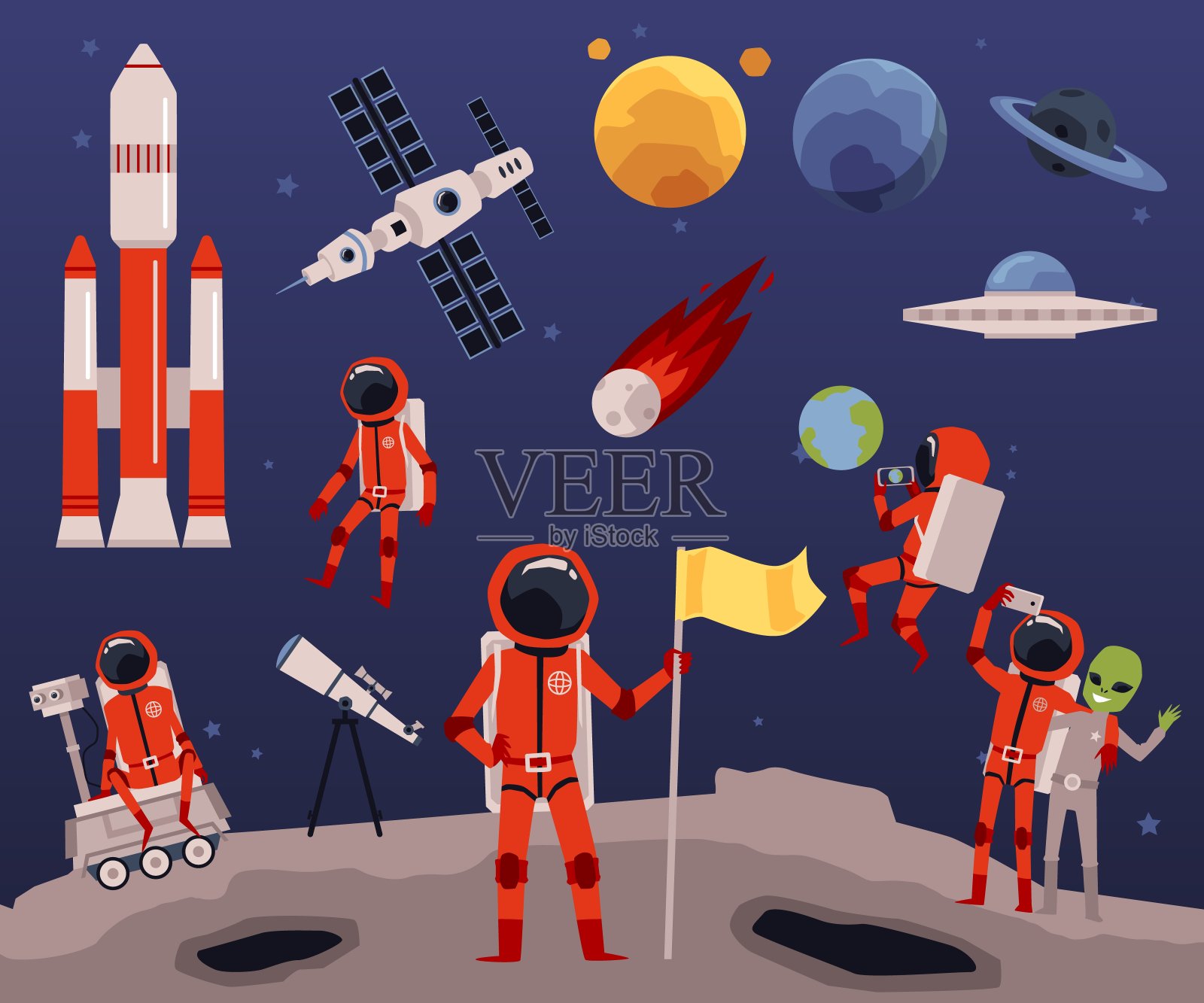 天文布景-卡通宇航员，太空设备和行星插画图片素材