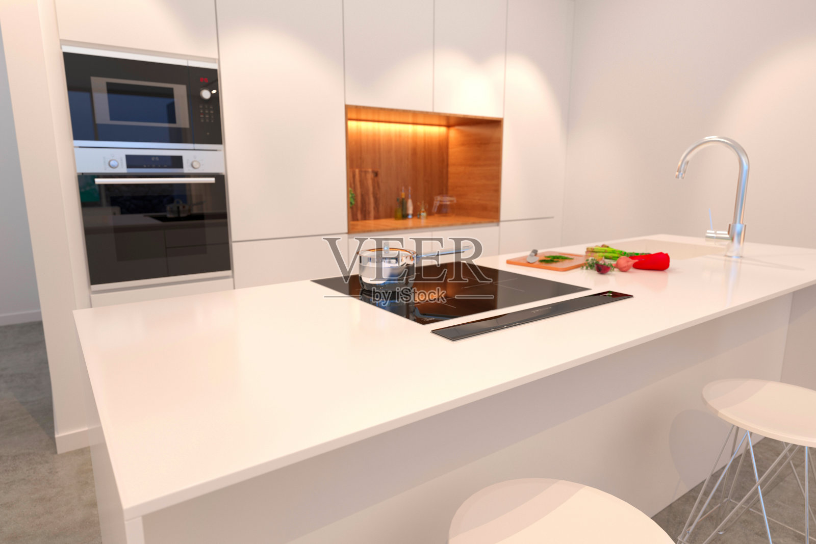 现代白色厨房台面近距离。三维渲染照片摄影图片