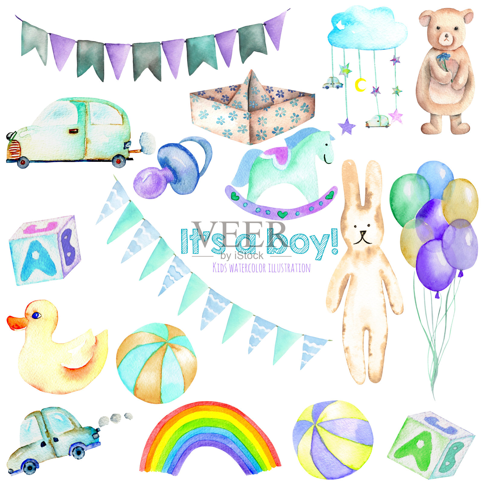 婴儿男孩淋浴水彩元素集(玩具，汽车，气球，彩虹，乳头，旗帜等)，手工绘制在白色背景孤立，DIY艺术品，婴儿淋浴邀请和男孩生日插画图片素材