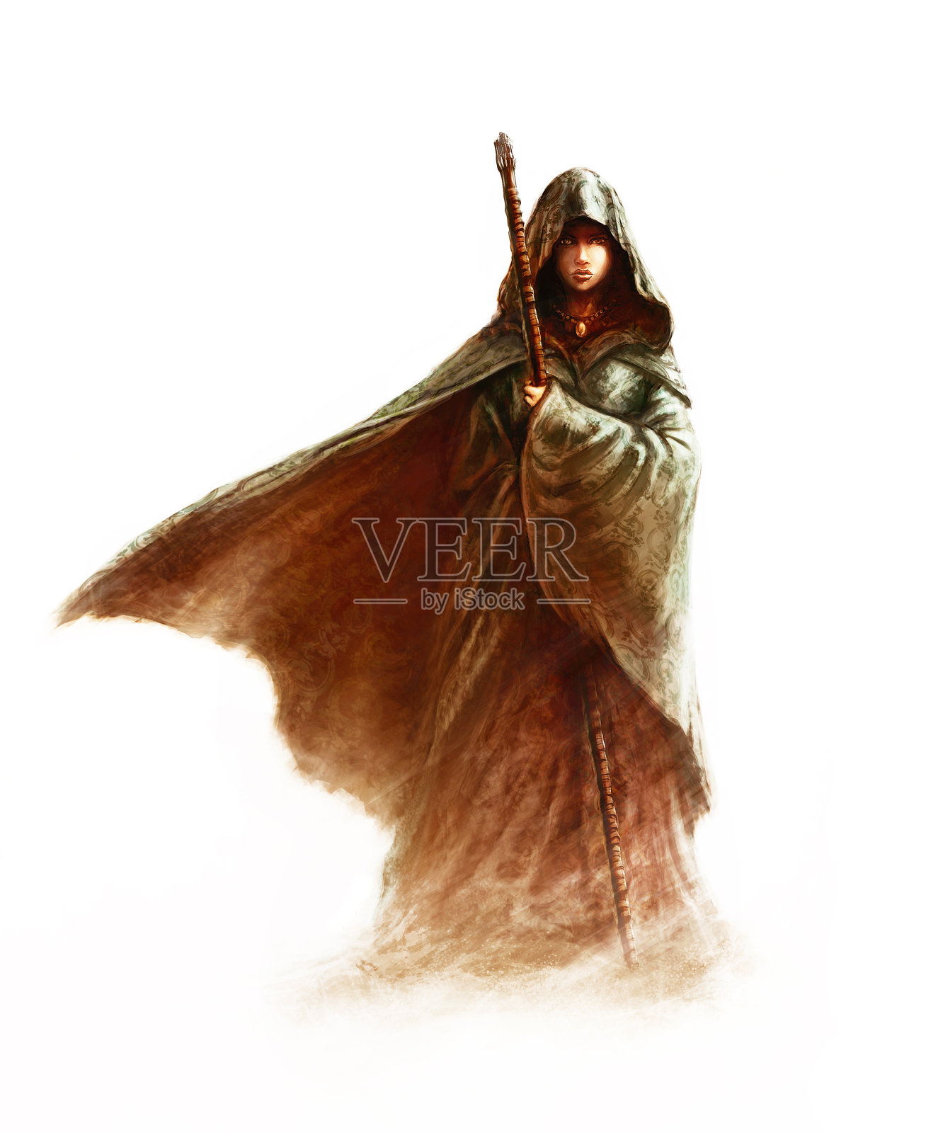 幻想年轻的女巫-美丽的女人与斗篷和兜帽拿着一根魔法棒设计元素图片