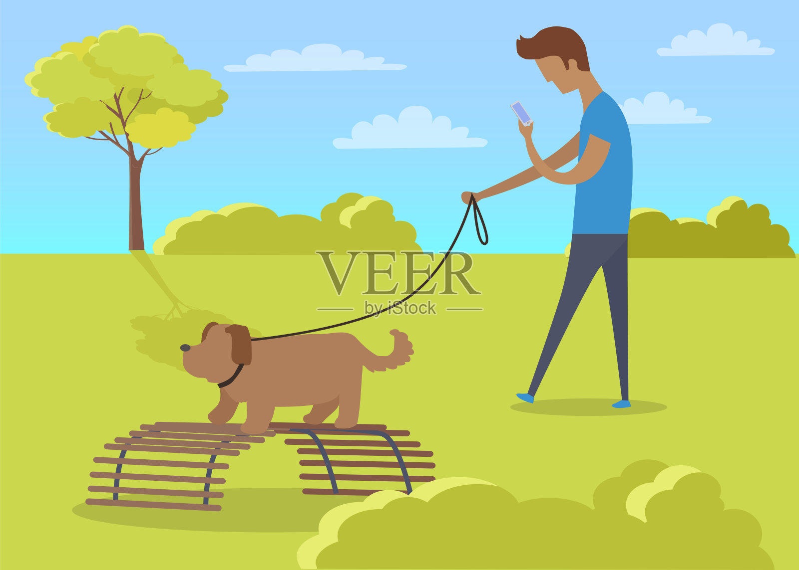 在公园里遛狗和打电话的小男孩插画图片素材
