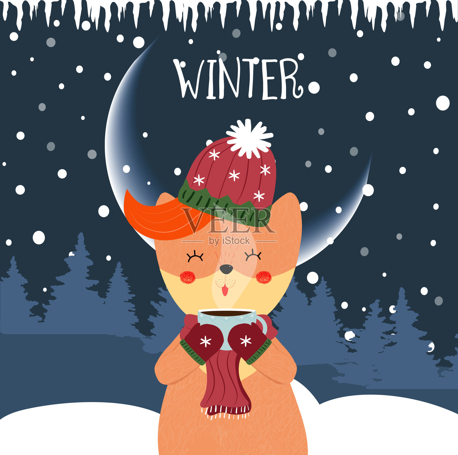 可爱的冬狐狸喝着热茶。卡瓦依宝贝。插画图片素材