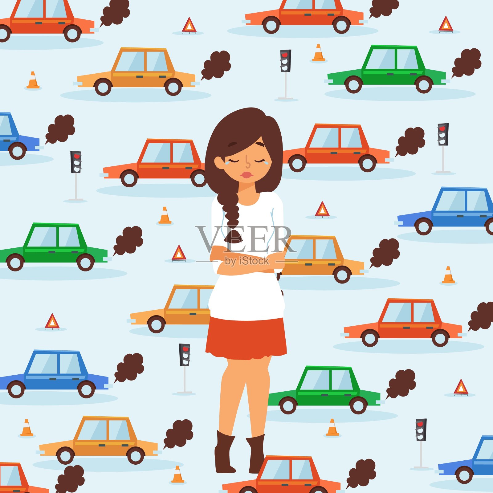 悲伤的女孩在交通中，破碎的车祸矢量插图插画图片素材