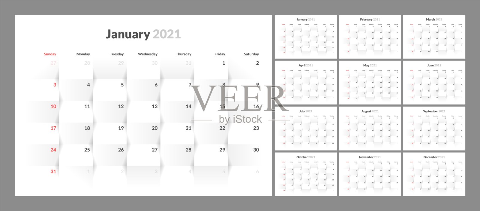 整洁简约的2021年挂历。企业设计规划师模板。一周从周日开始。一套12个月。插画图片素材