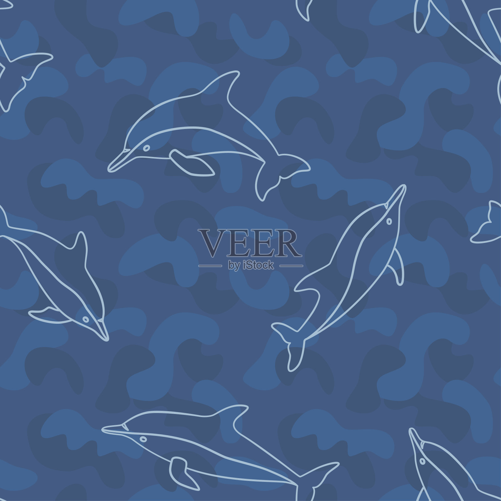 海豚无缝图案在涂鸦和线条风格上的蓝色军事背景。向量设计元素图片