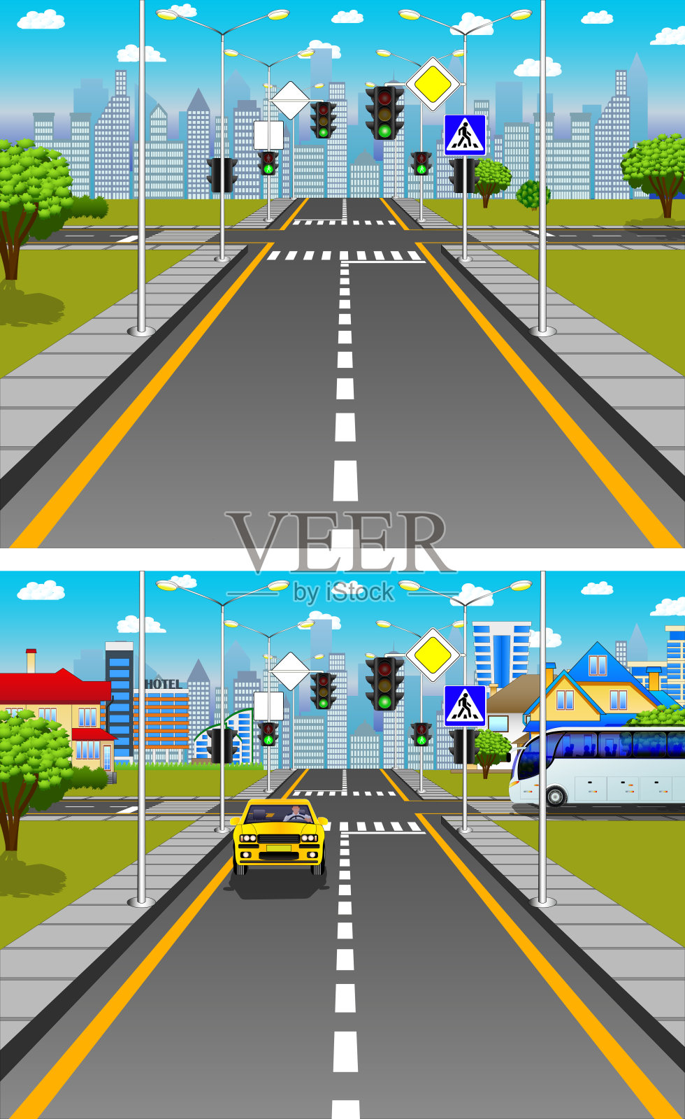 有人行横道和交通灯的城市街道插画图片素材