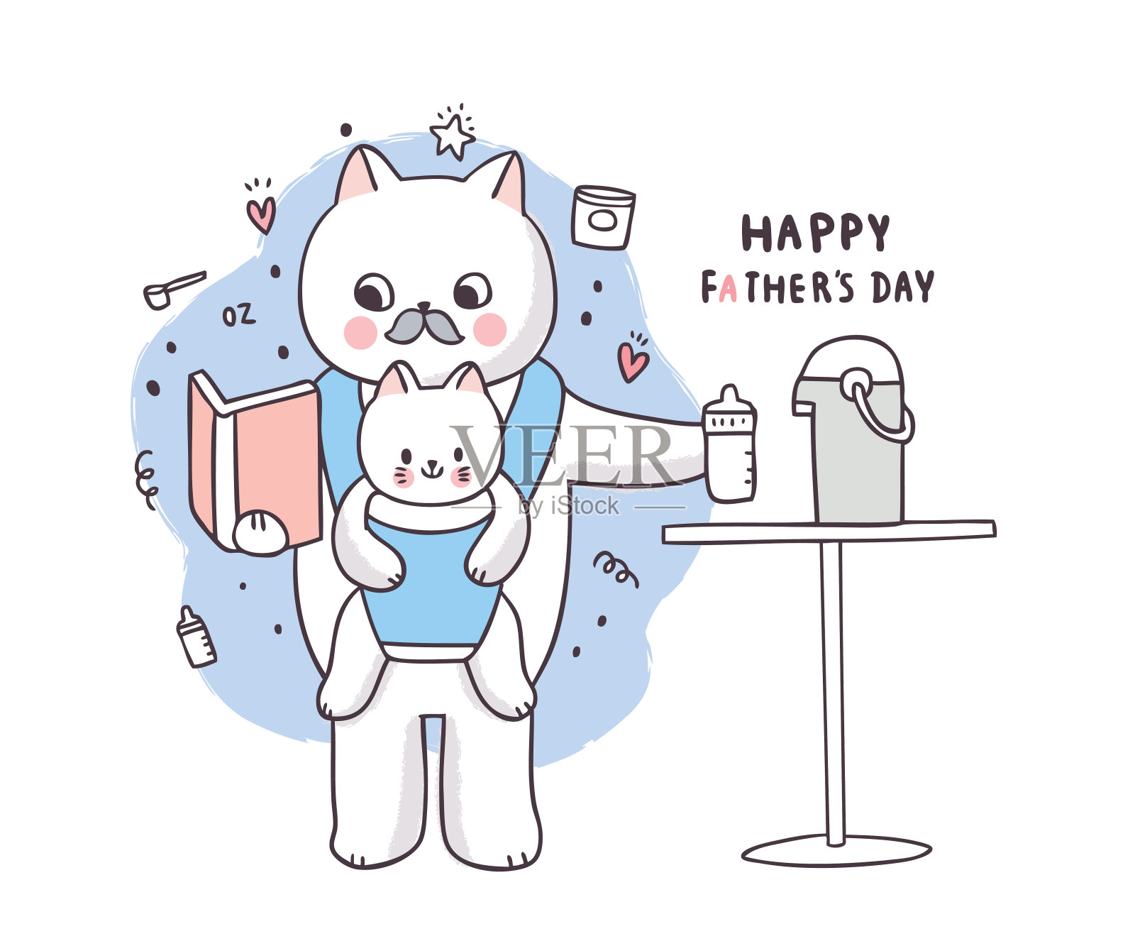 卡通可爱的父亲节，爸爸和小猫喂矢量奶。插画图片素材