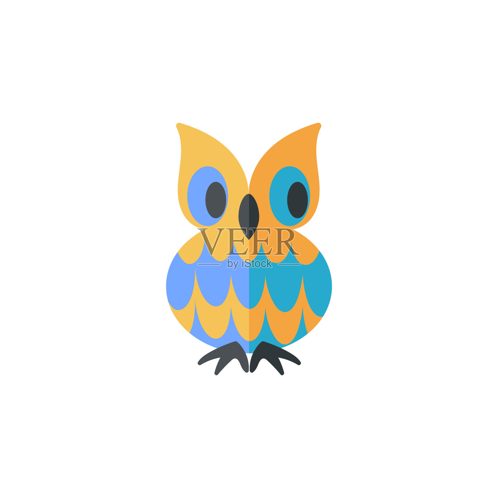 猫头鹰平图标。折叠的风格。橙色和蓝色设计元素图片
